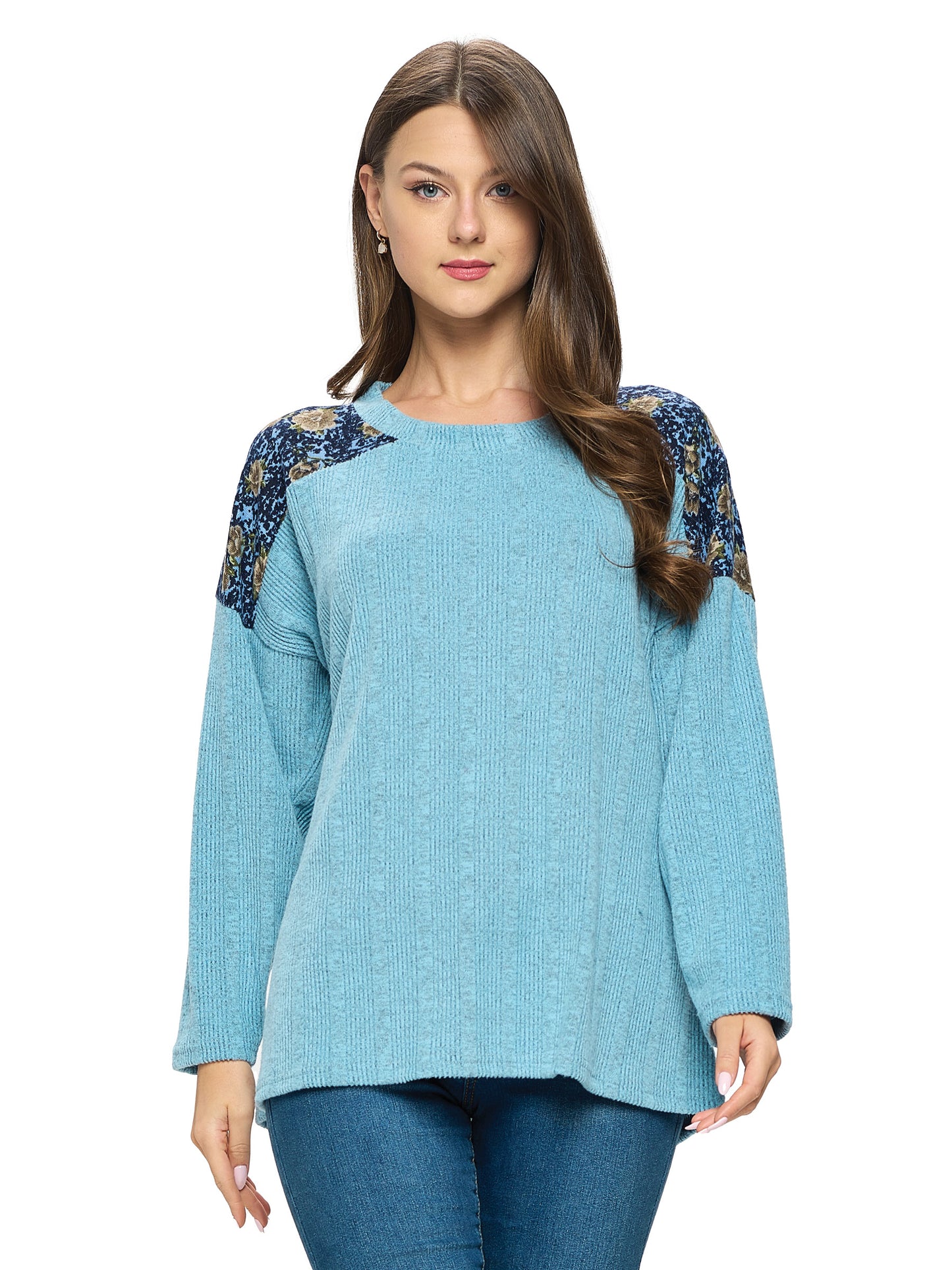 Pullover Oversized Ribbed Floral Shoulders