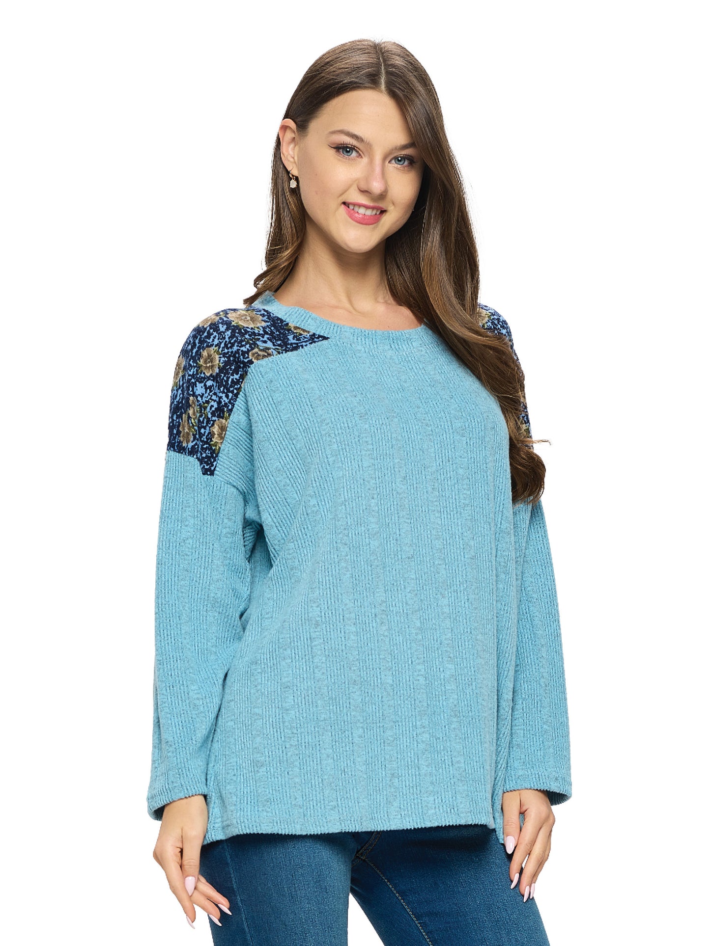 Pullover Oversized Ribbed Floral Shoulders