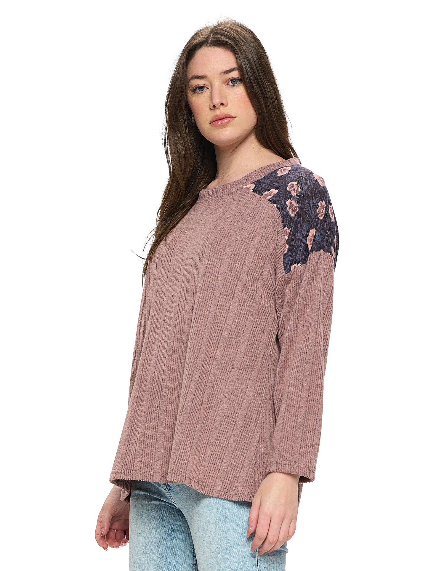 Pullover Oversized Ribbed Floral Shoulders