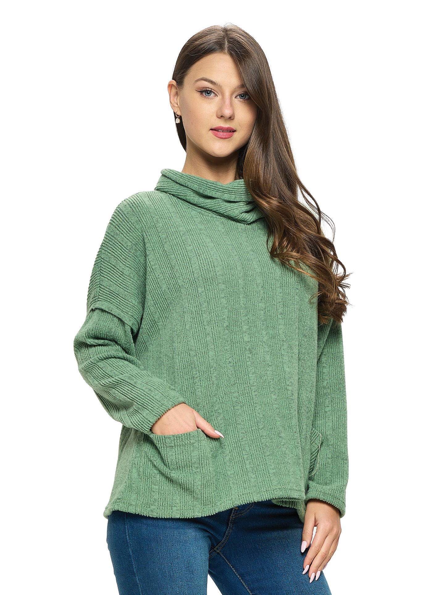 Top Turtle Neck Ribbed Oversized Pockets