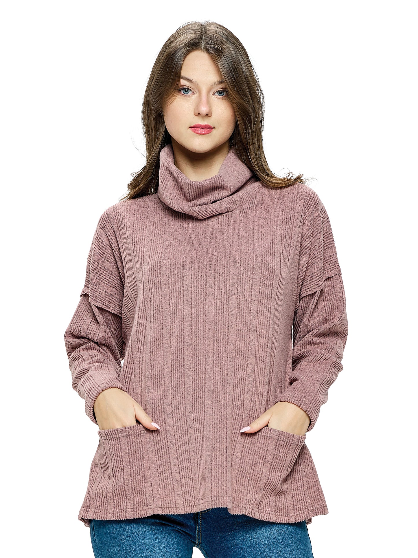 Top Turtle Neck Ribbed Oversized Pockets