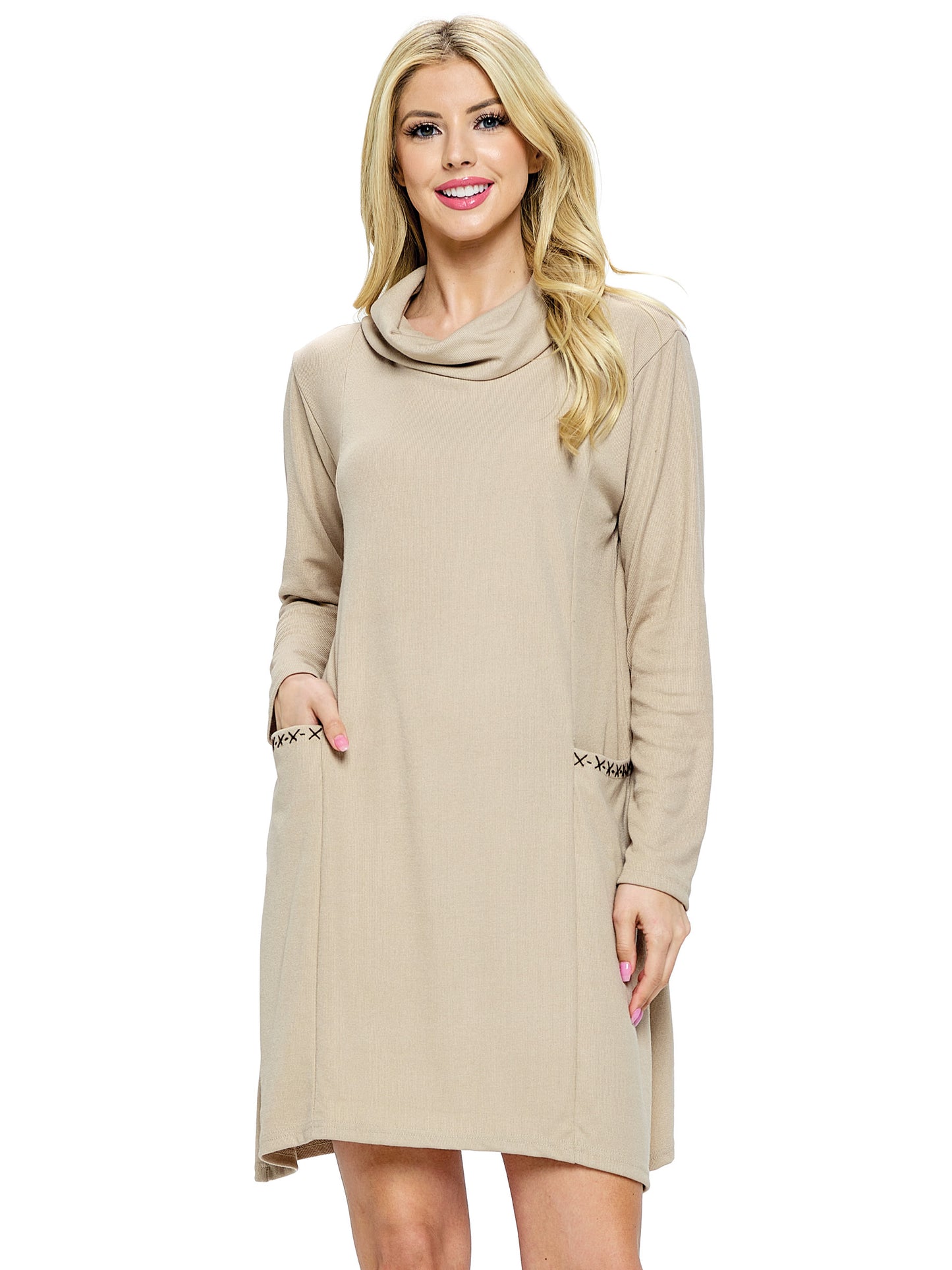 Dress Casual Cowl Neck Pockets Handstitches