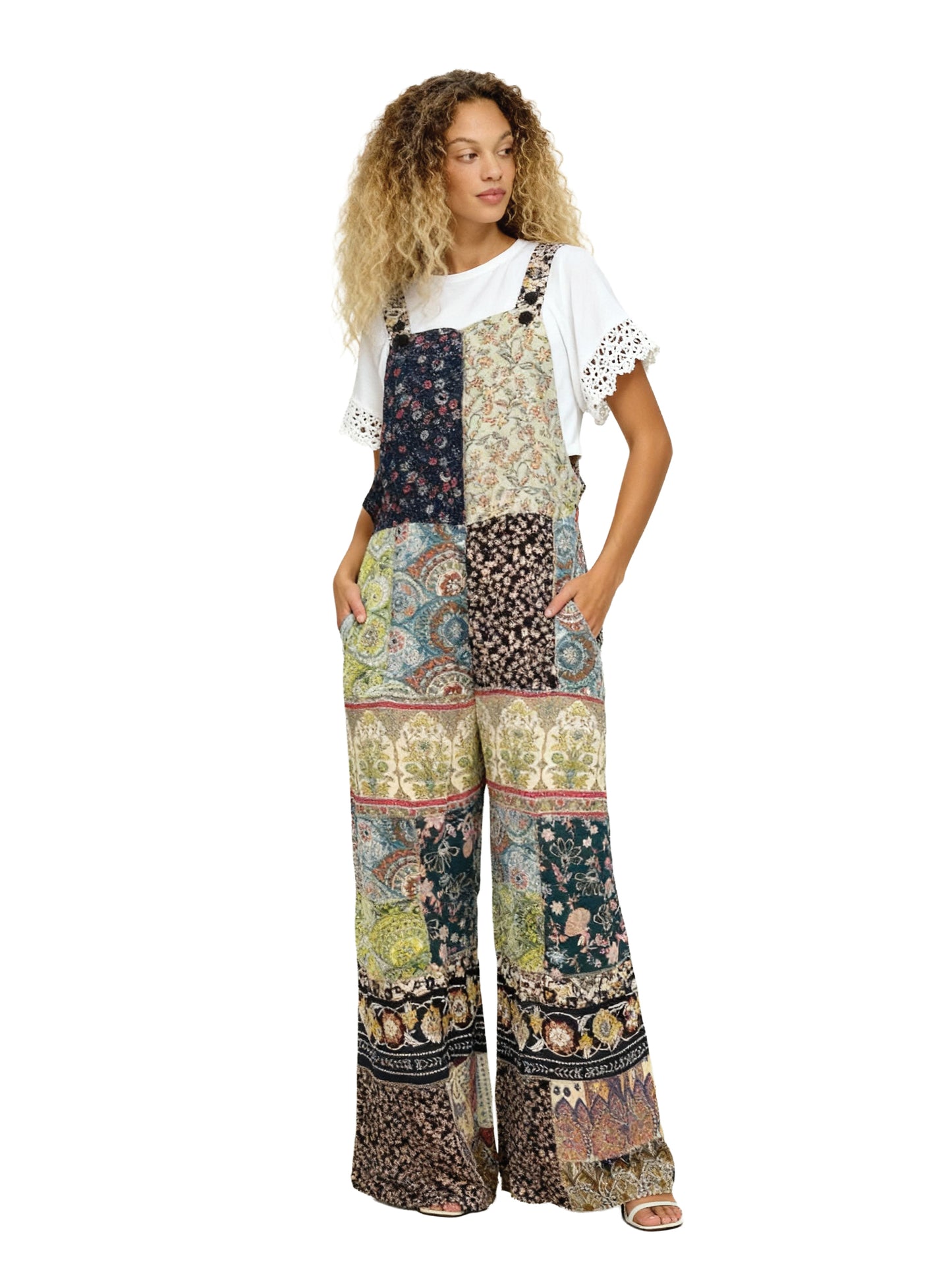 Overall Boho Jumpsuit Patchwork Floral Wide Leg