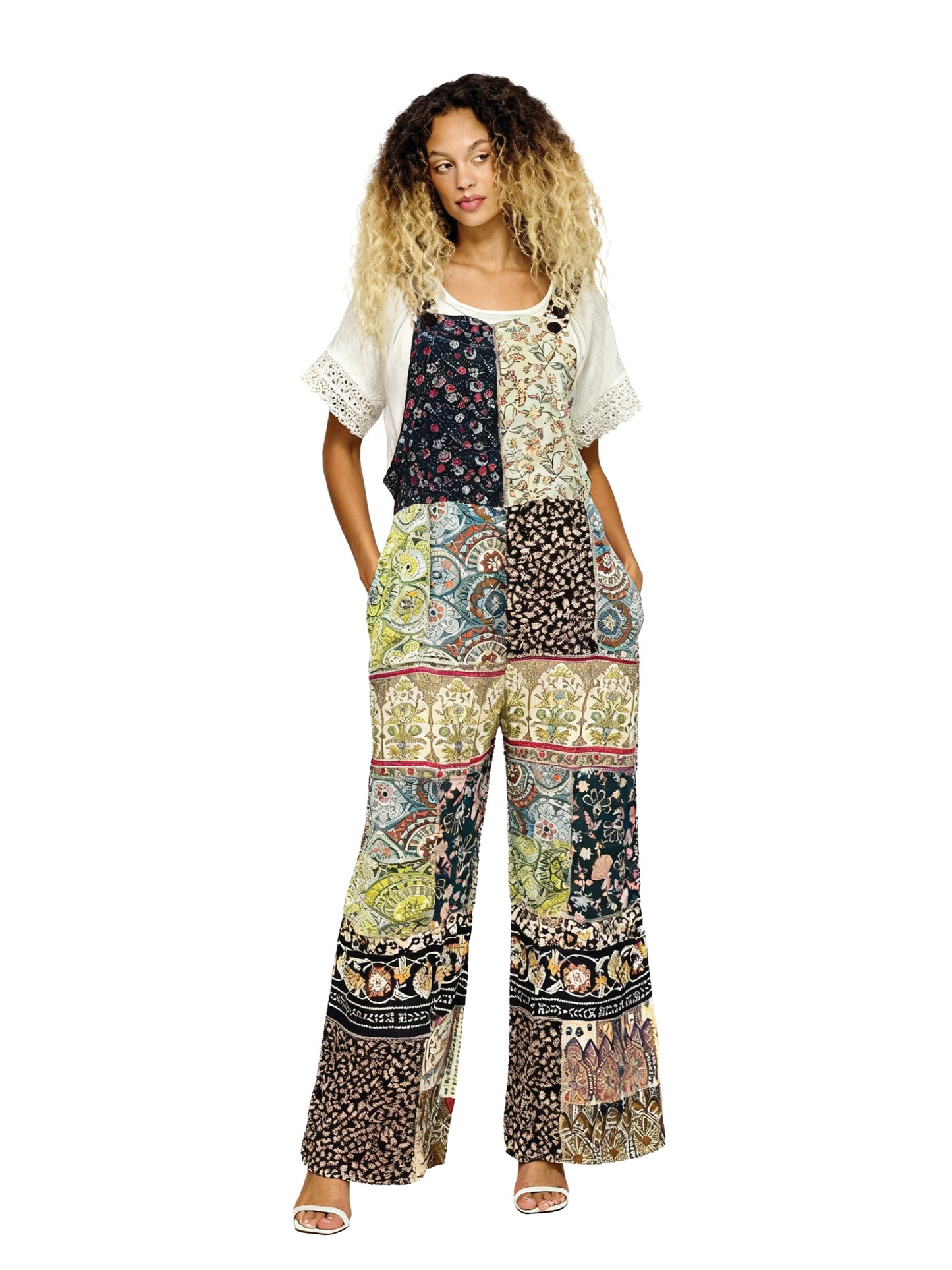 Overall Boho Jumpsuit Patchwork Floral Wide Leg