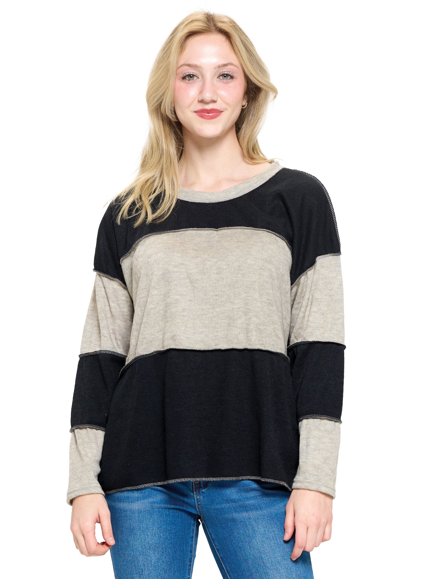 Pullover Boho Sweater Colorblock Stitch Accented