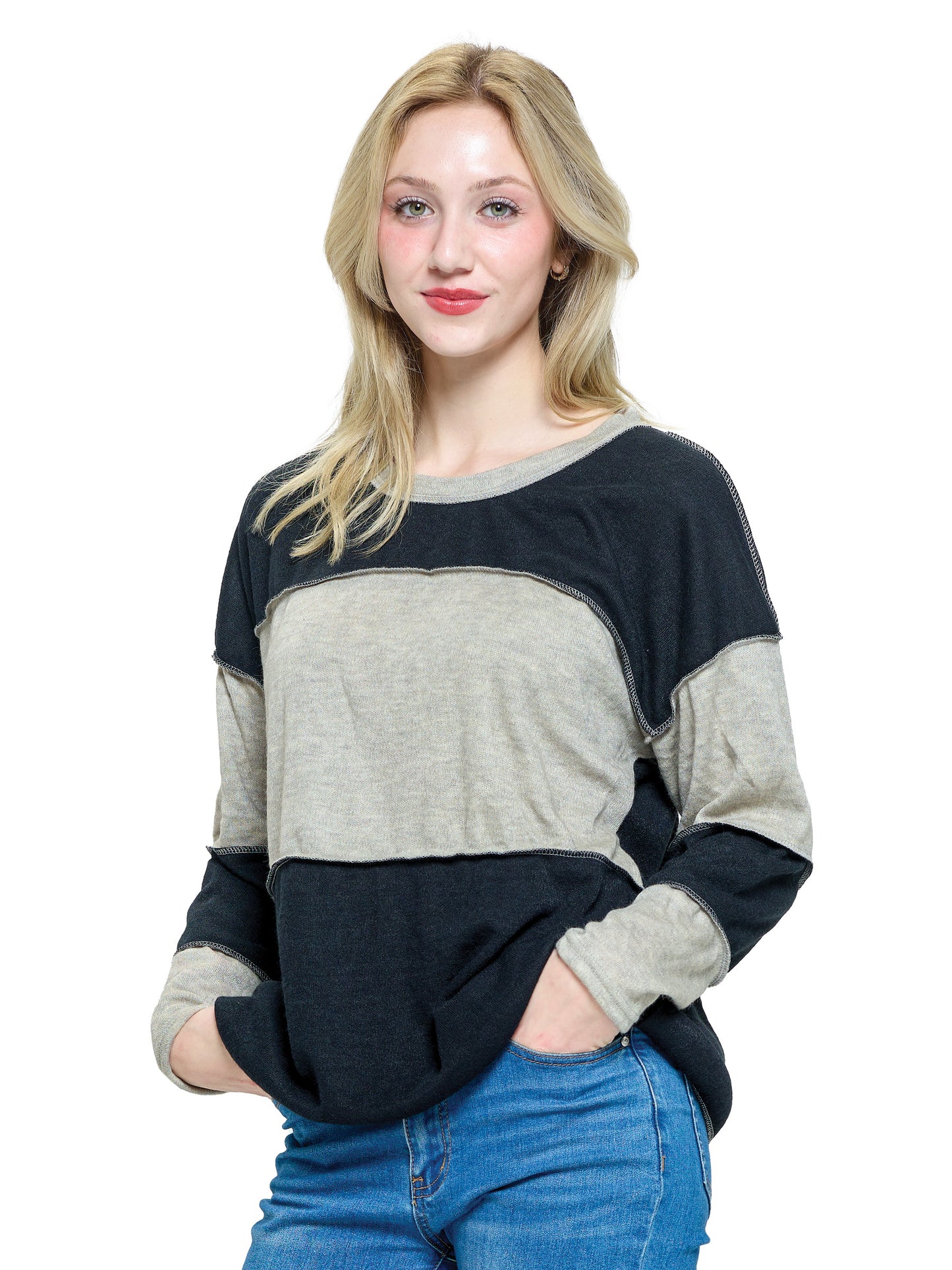 Pullover Boho Sweater Colorblock Stitch Accented