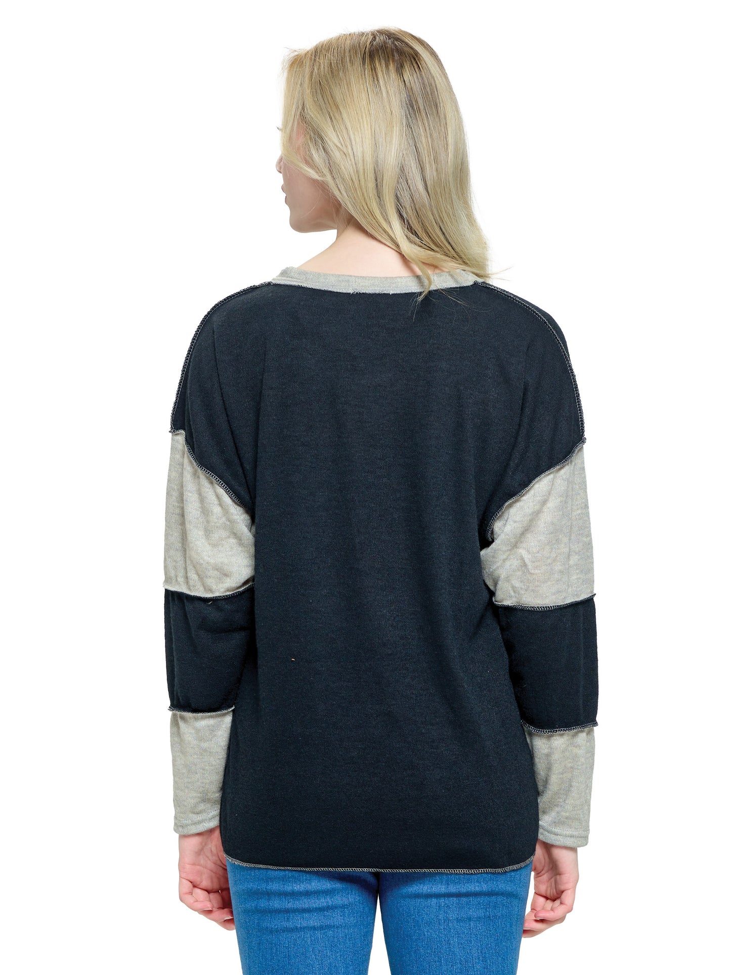 Pullover Boho Sweater Colorblock Stitch Accented