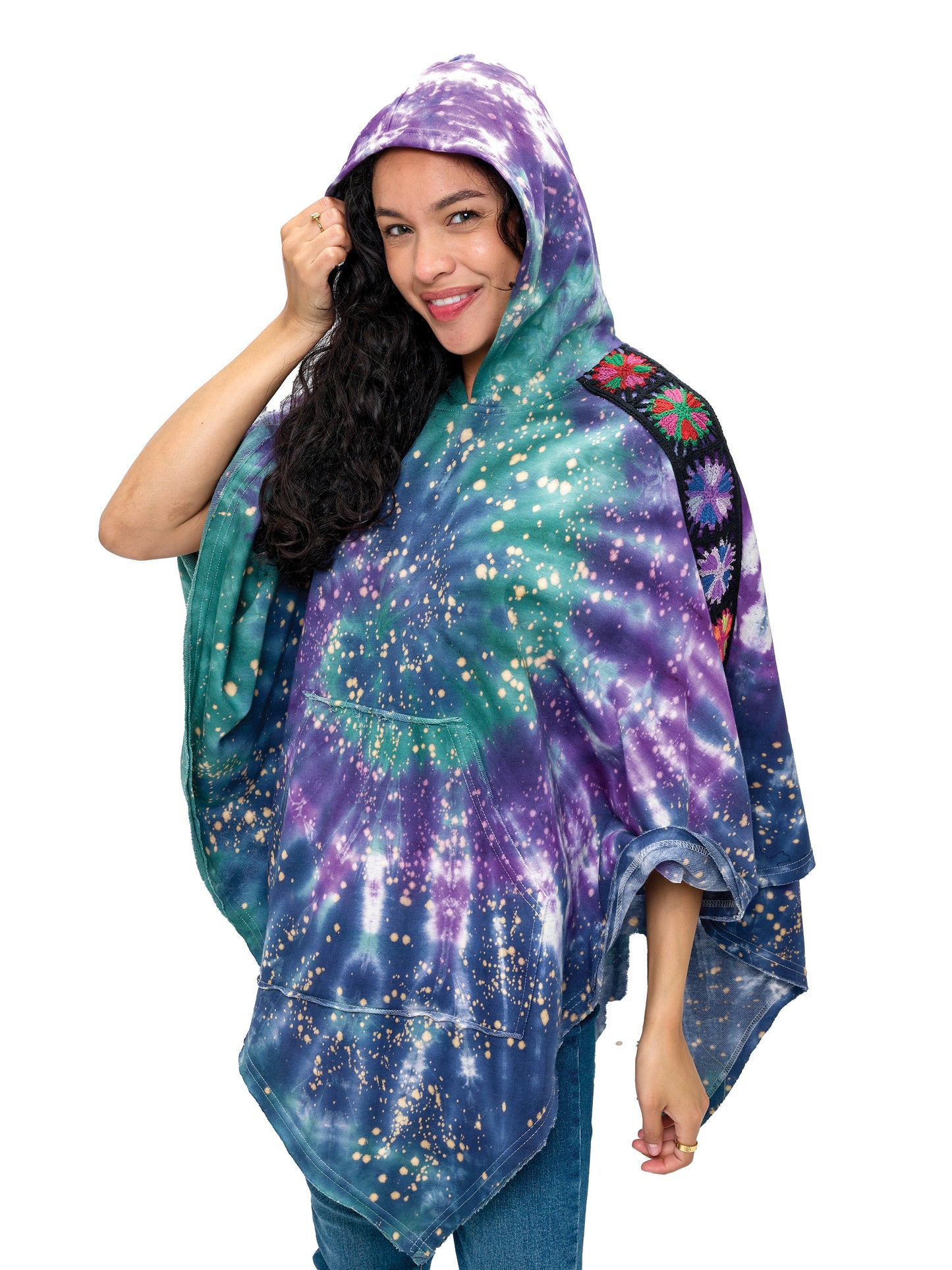 Poncho Galaxy Tie Dye Floral Crochet Trim
