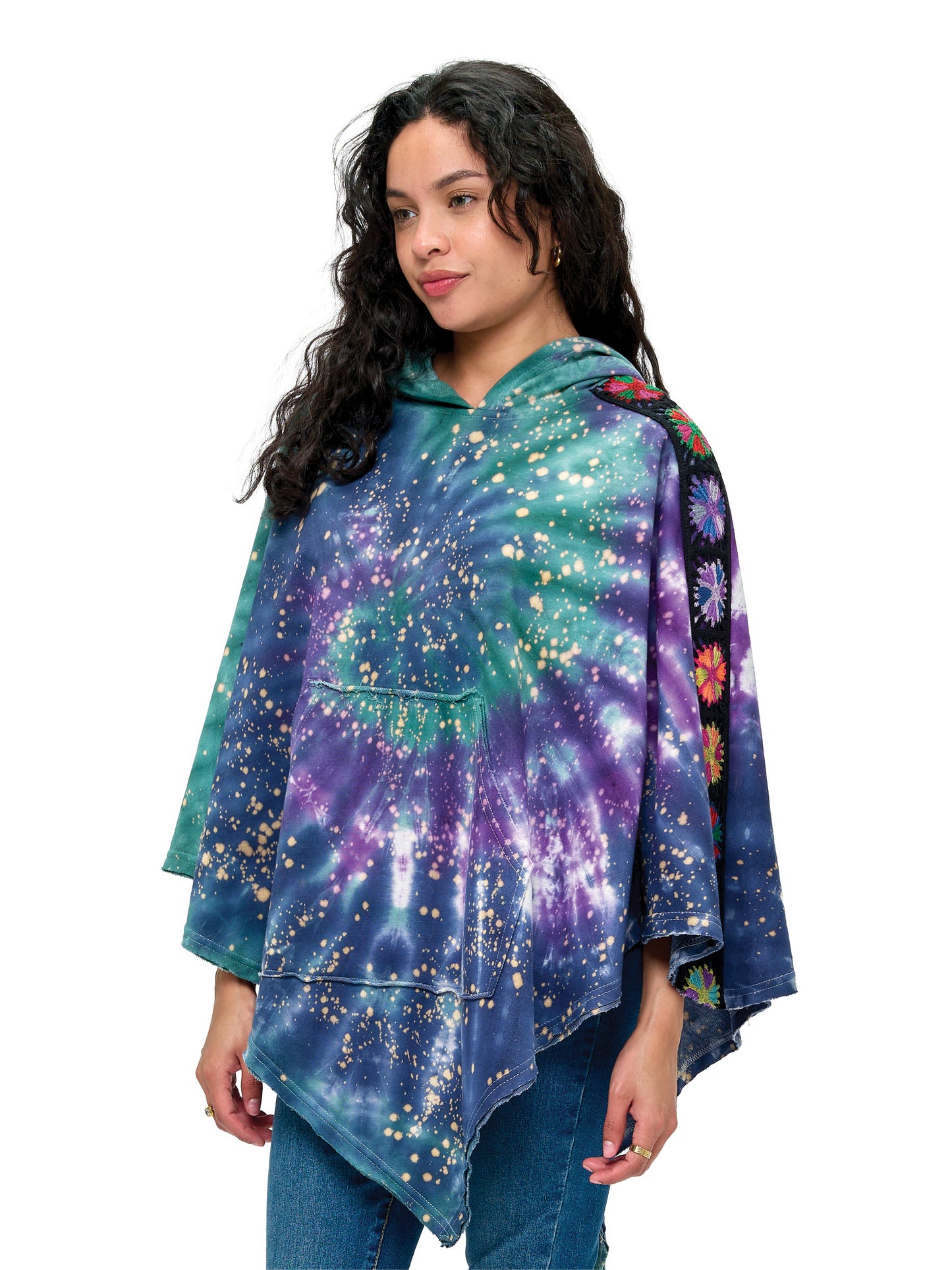 Poncho Galaxy Tie Dye Floral Crochet Trim