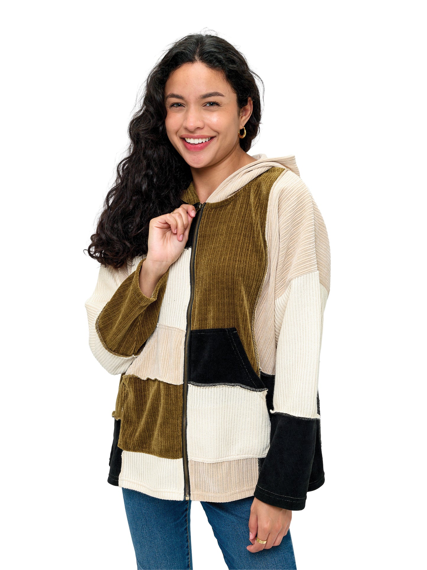 Zip-up Hooded Jacket Colorblock Ribbed Patchwork