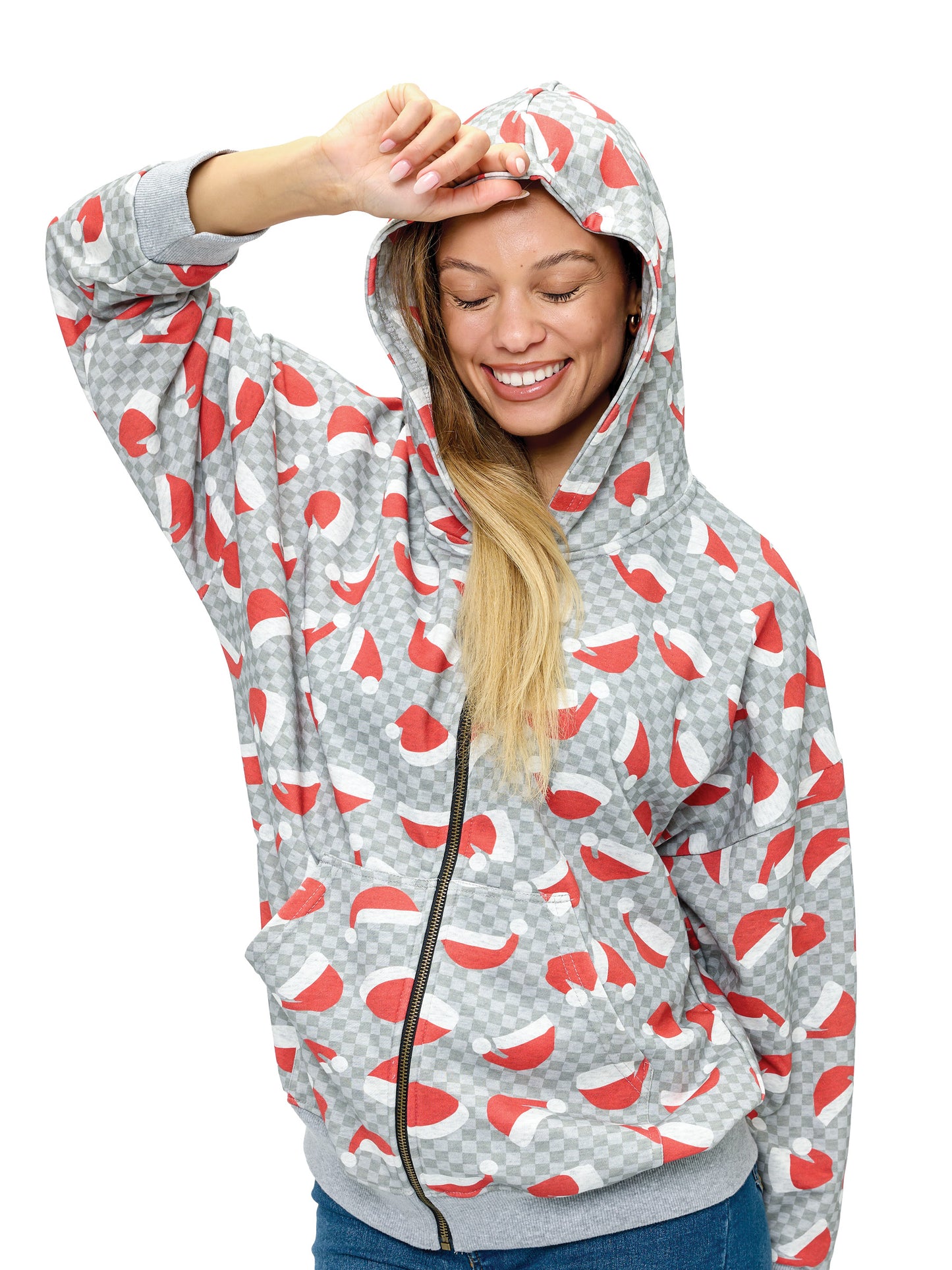 Zip-up Hoodie Christmas Santa Hat Print
