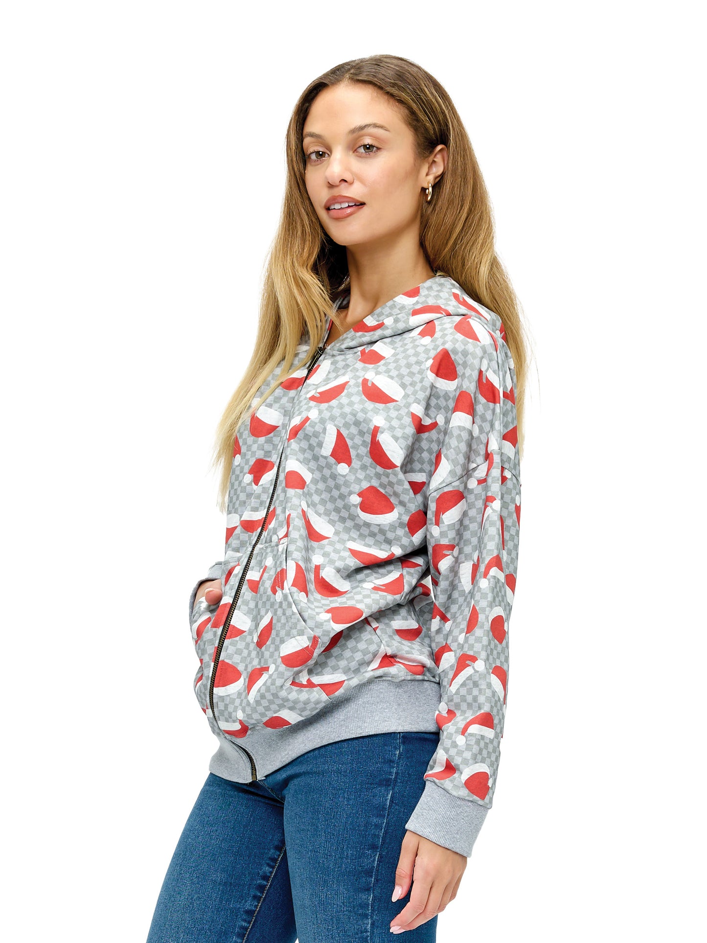 Zip-up Hoodie Christmas Santa Hat Print