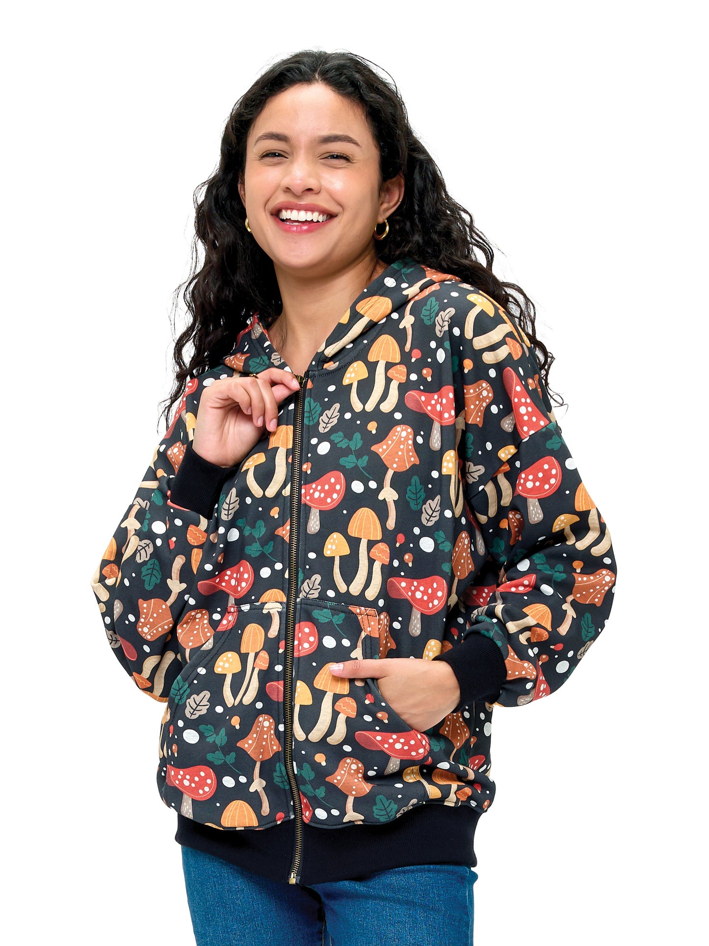 Zip-up Hoodie Whimsical Mushroom Print
