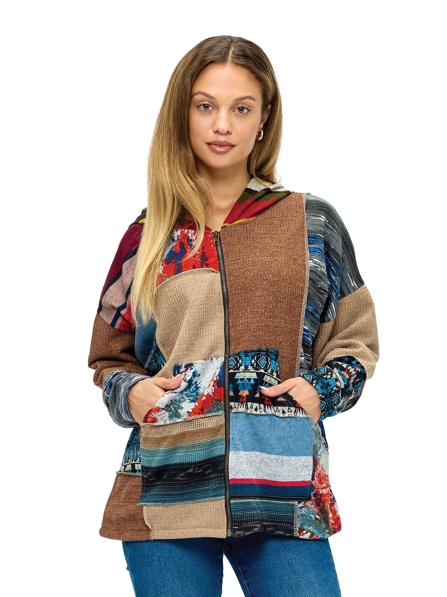 Zip-up Hooded Jacket Patchwork Lined