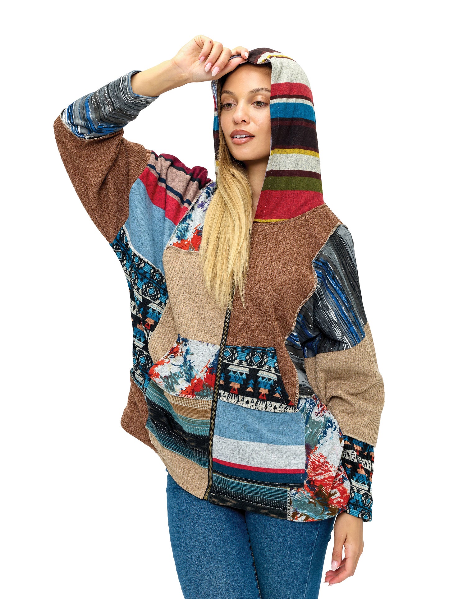 Zip-up Hooded Jacket Patchwork Lined