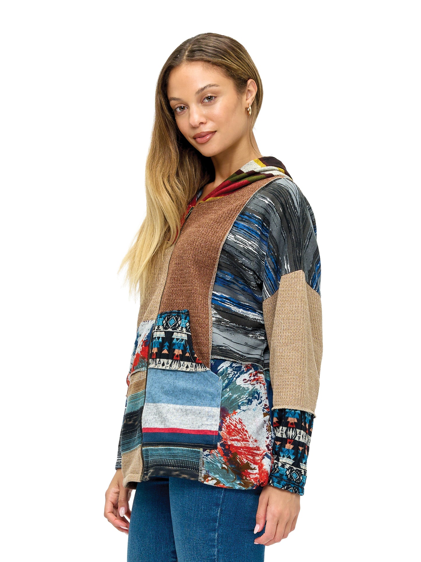 Zip-up Hooded Jacket Patchwork Lined