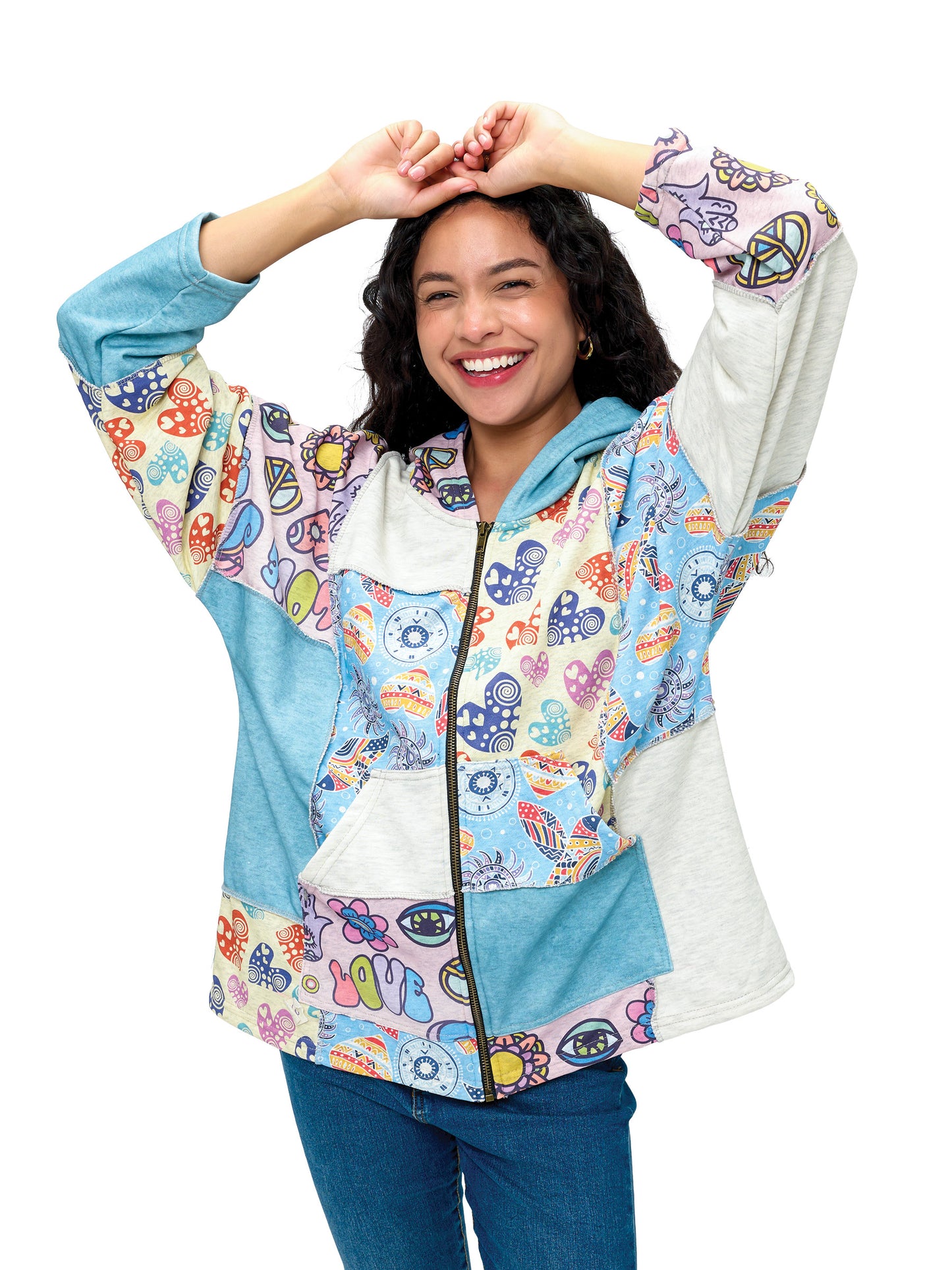Zip-up Hoodie Whimsical Floral Peace & Love Print