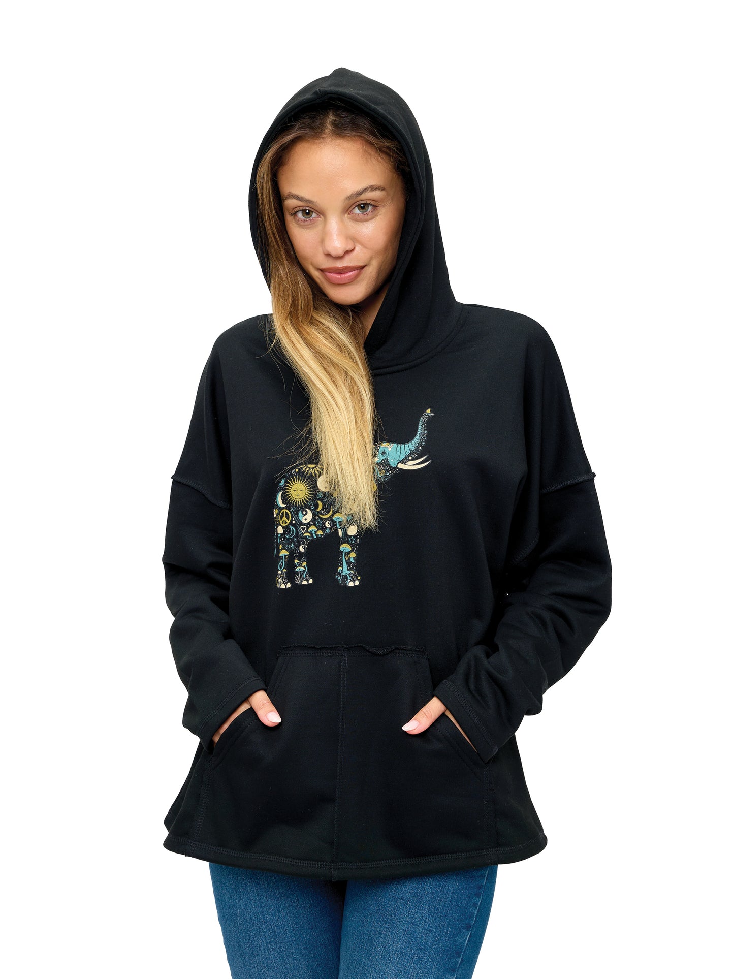 Hoodie Whimsical Elephant Mushroom Peace Print