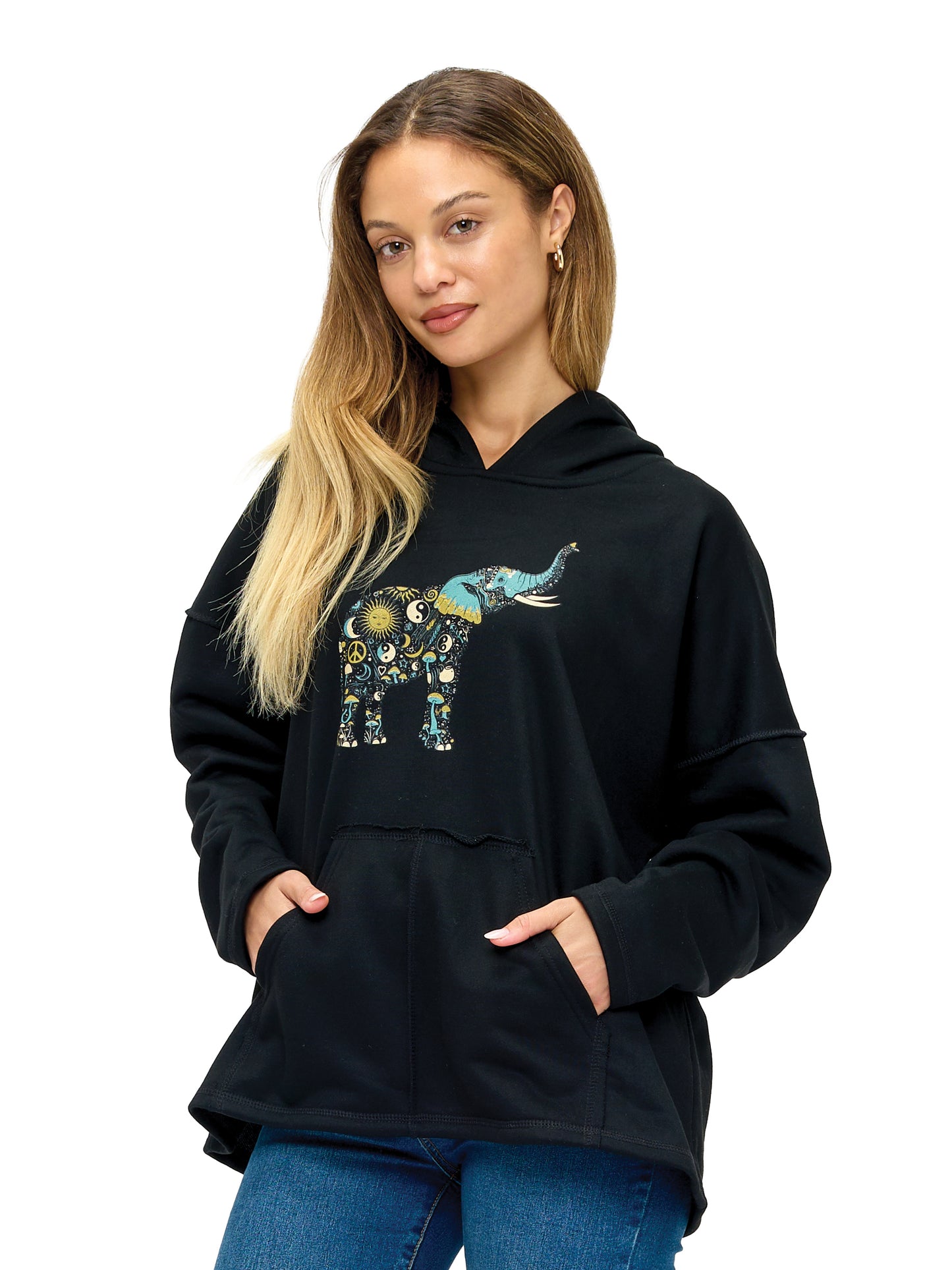 Hoodie Whimsical Elephant Mushroom Peace Print