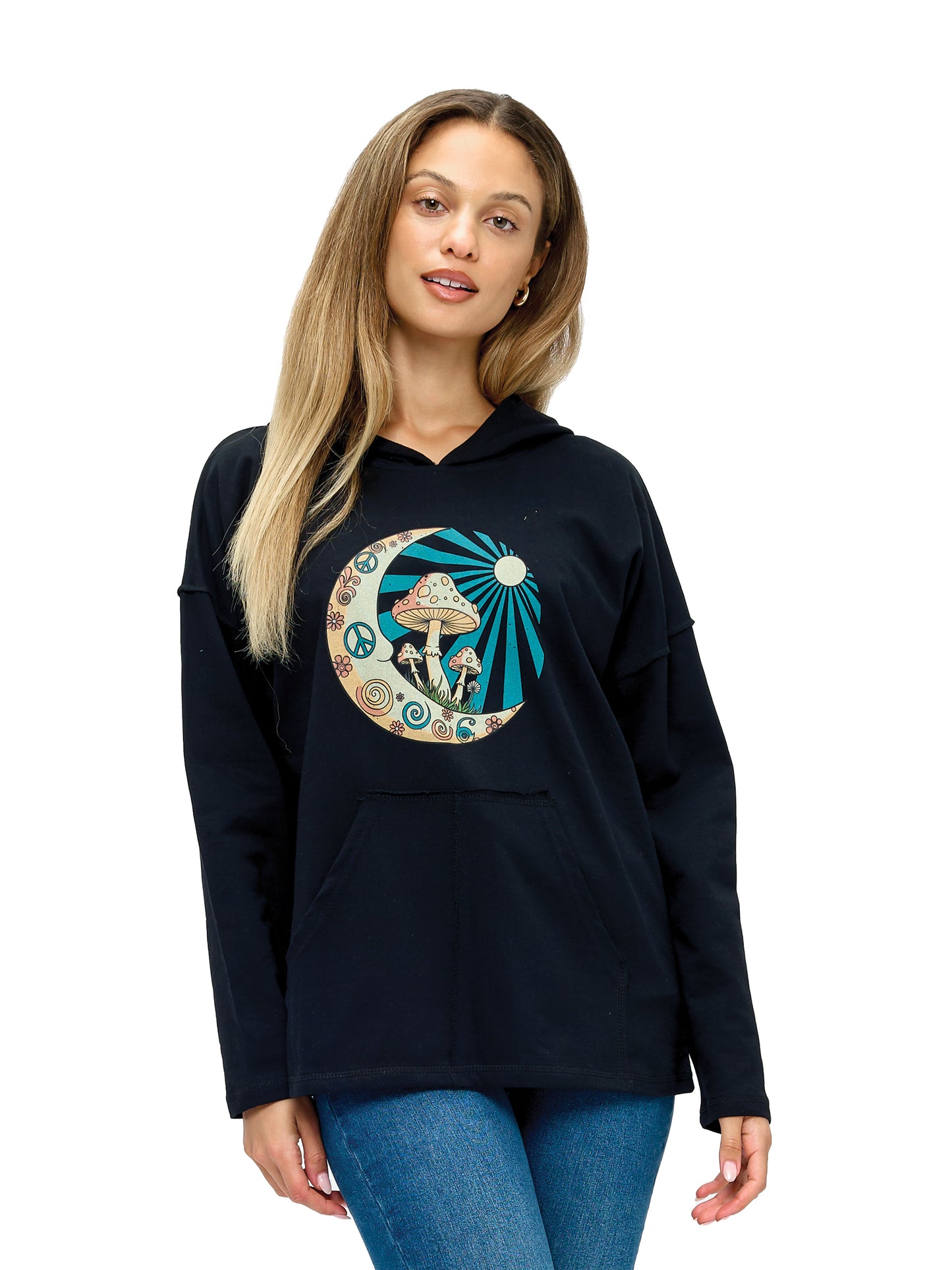 Hoodie Vibrant Celestial Moon Mushroom Peace Print