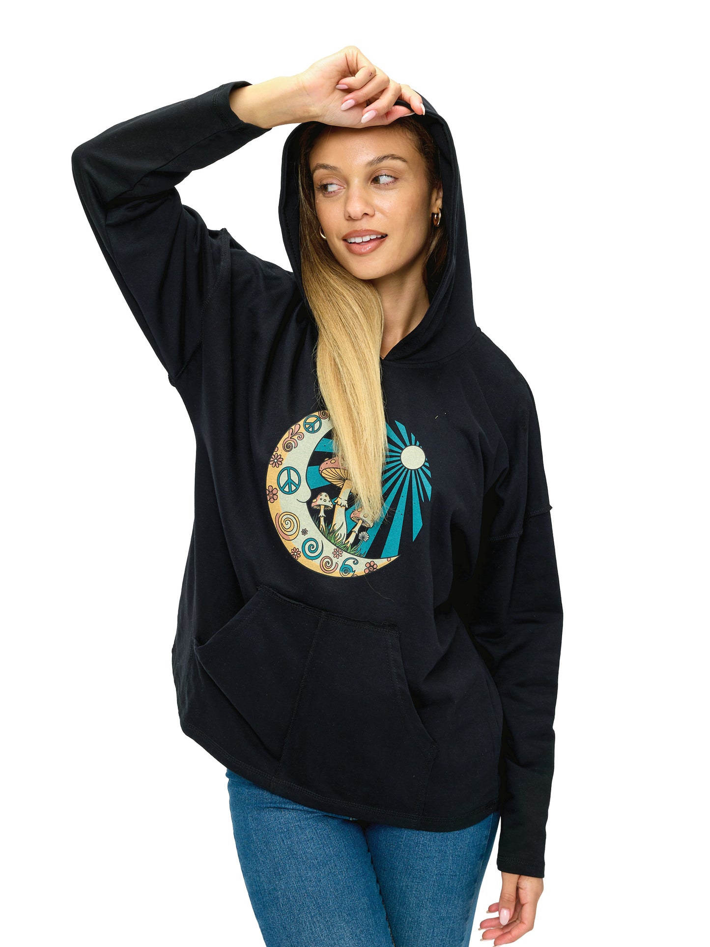 Hoodie Vibrant Celestial Moon Mushroom Peace Print