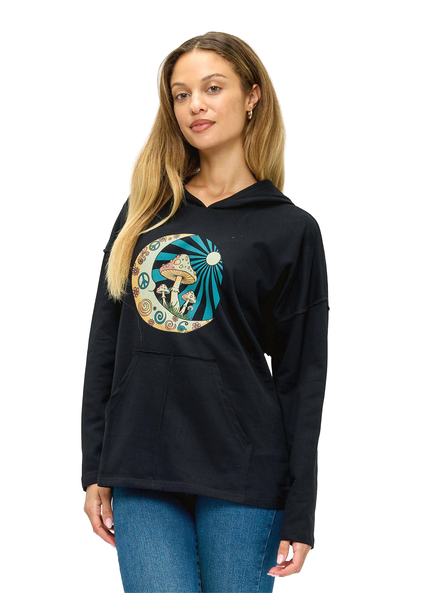 Hoodie Vibrant Celestial Moon Mushroom Peace Print