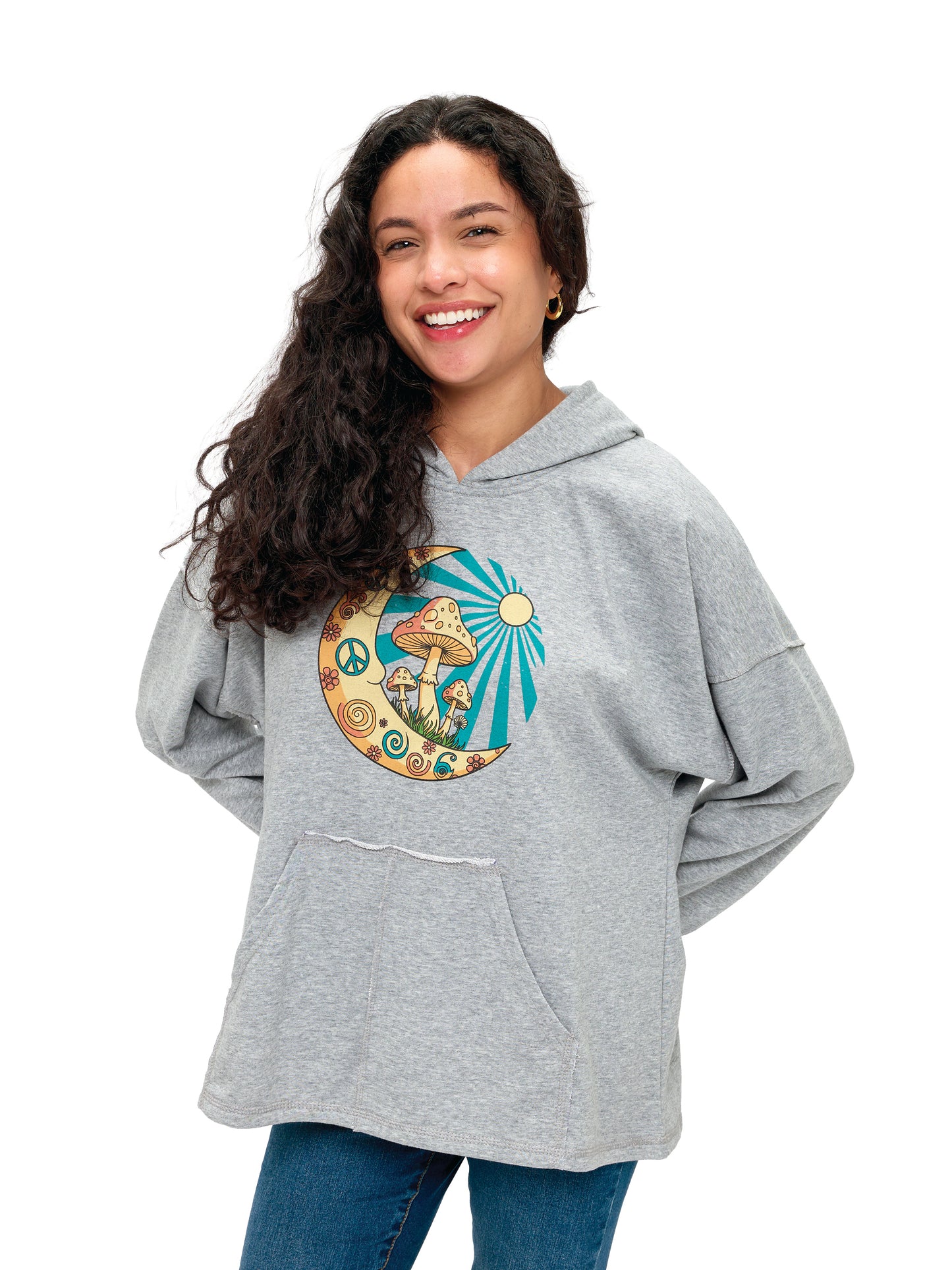 Hoodie Vibrant Celestial Moon Mushroom Peace Print