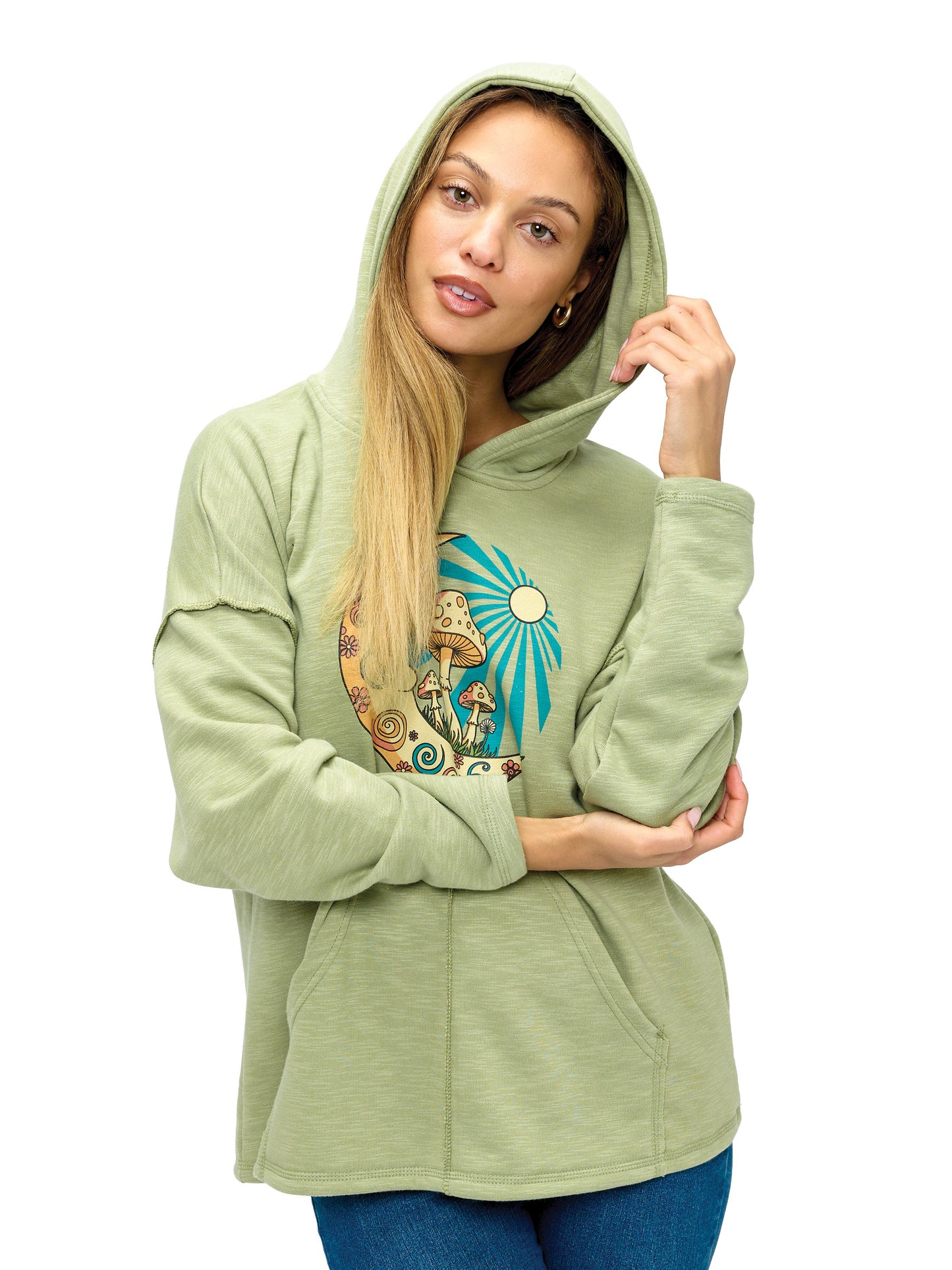 Hoodie Vibrant Celestial Moon Mushroom Peace Print