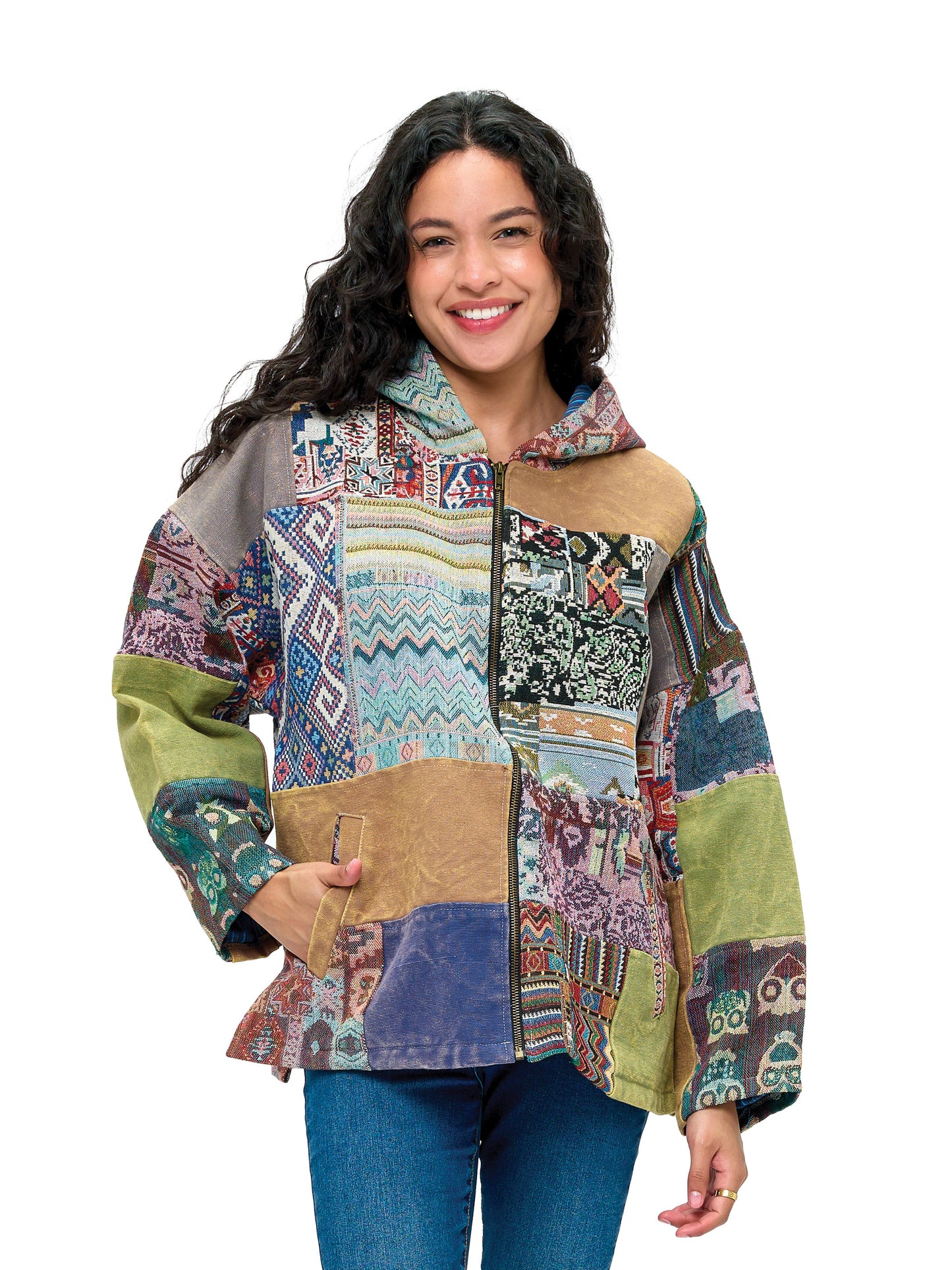 Zip-up Hooded Gheri Jacket Patchwork Lined