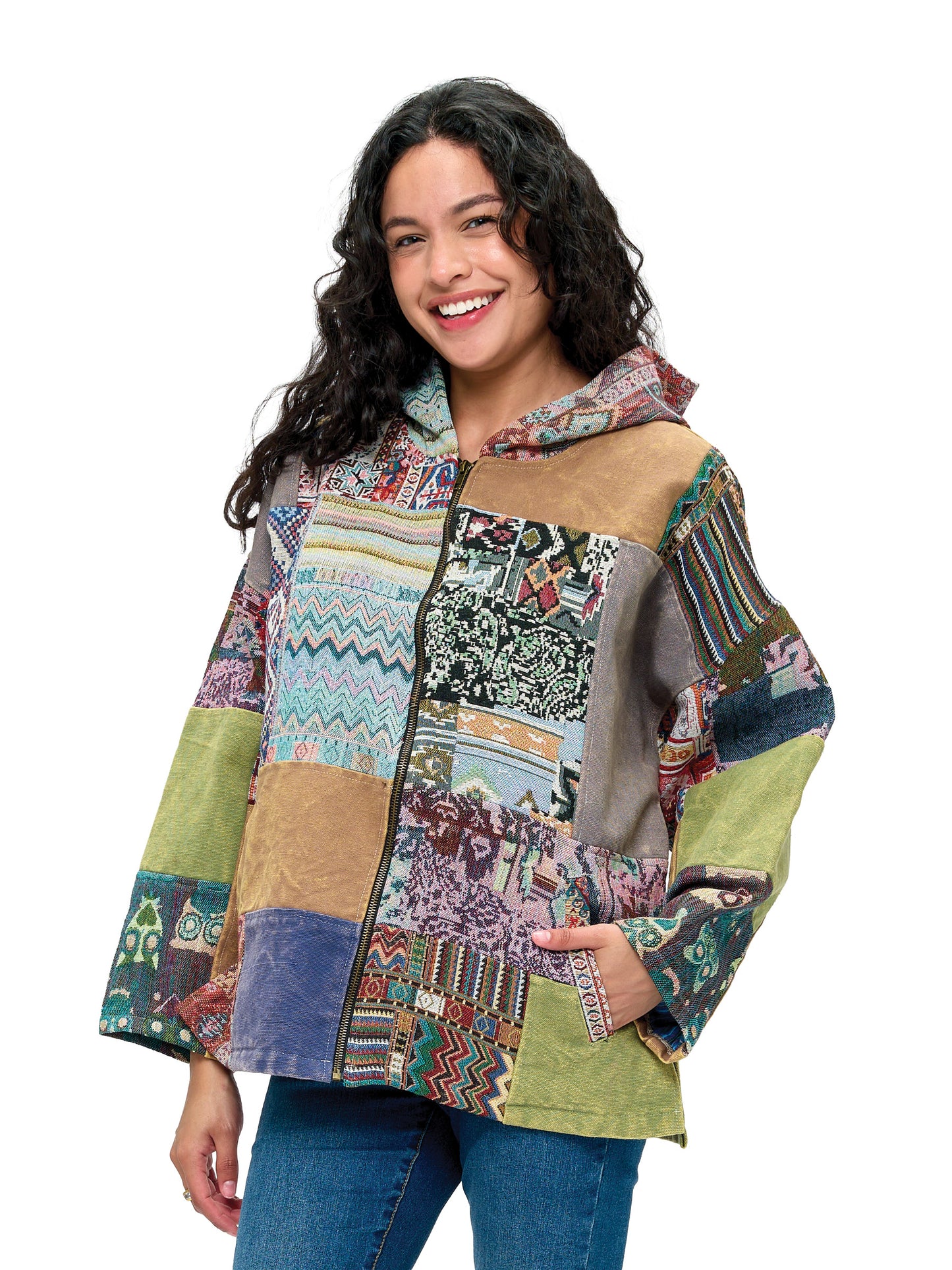Zip-up Hooded Gheri Jacket Patchwork Lined