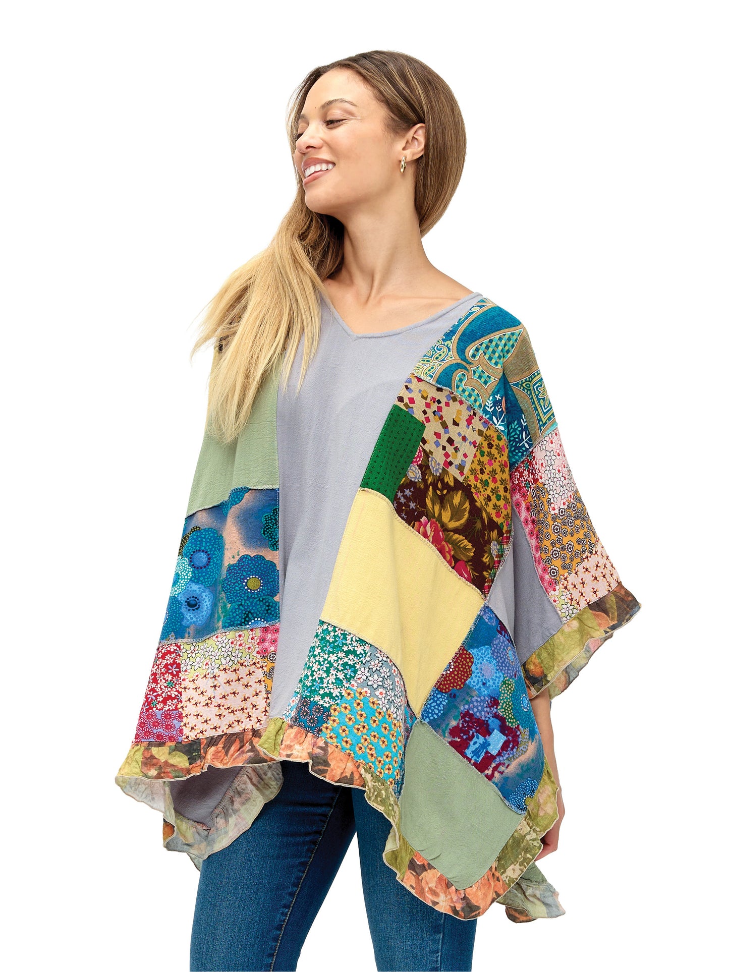 Poncho Boho Vibrant Colorblock Floral