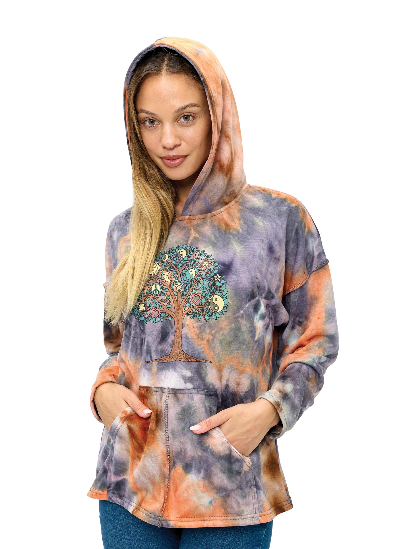 Hoodie Tie Dye Whimsical Tree of Life Symbols Print