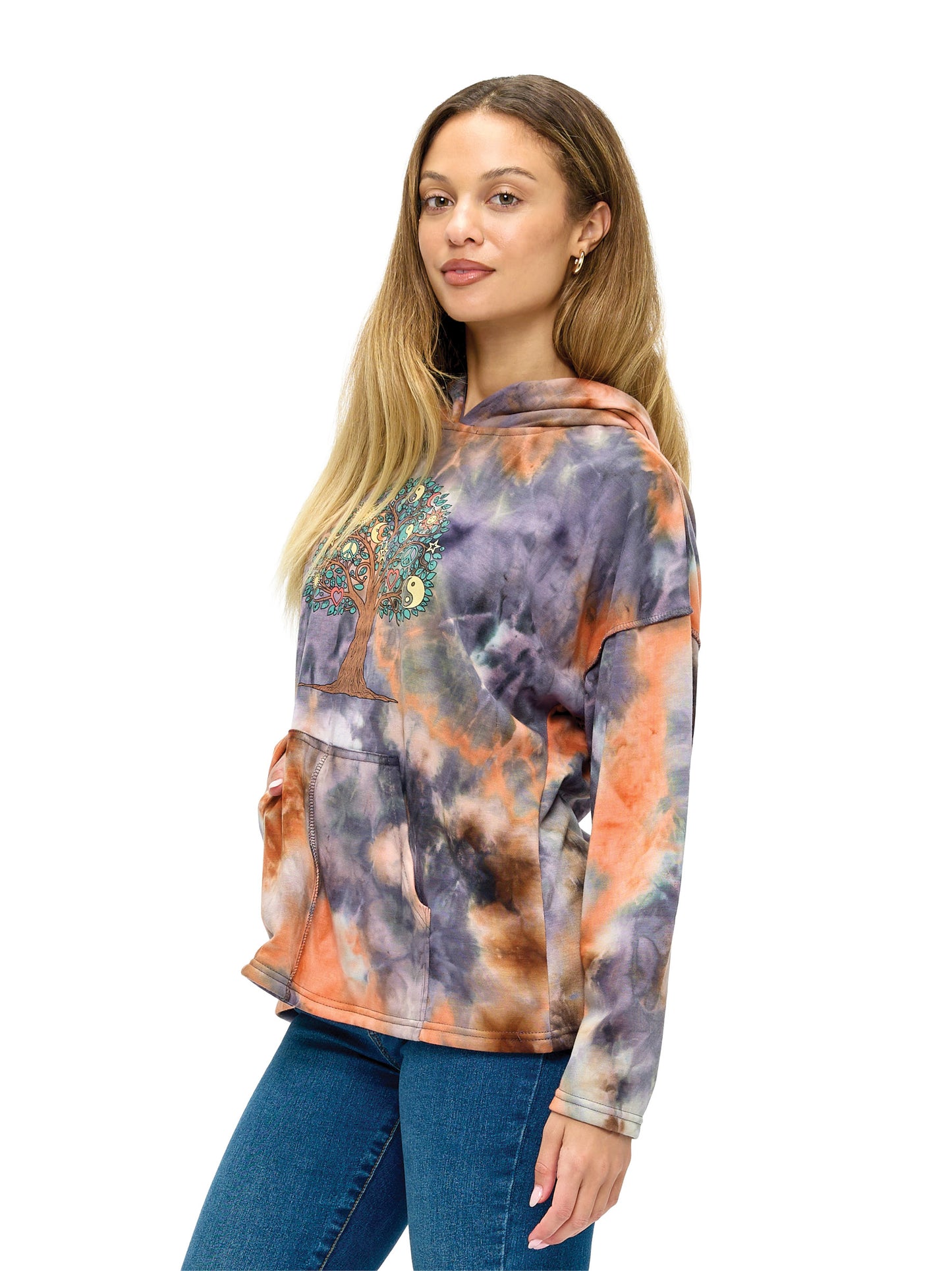 Hoodie Tie Dye Whimsical Tree of Life Symbols Print