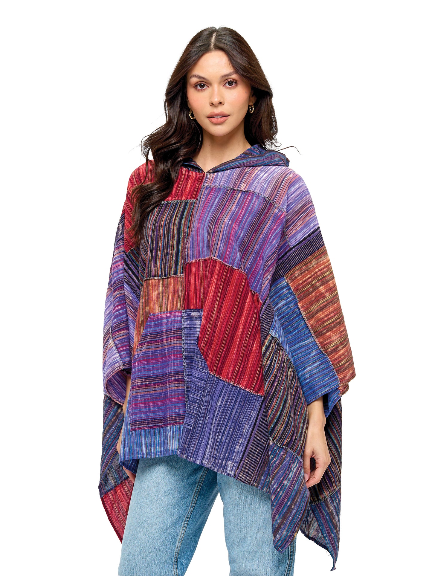 Hooded Poncho Patchwork Brush Washed
