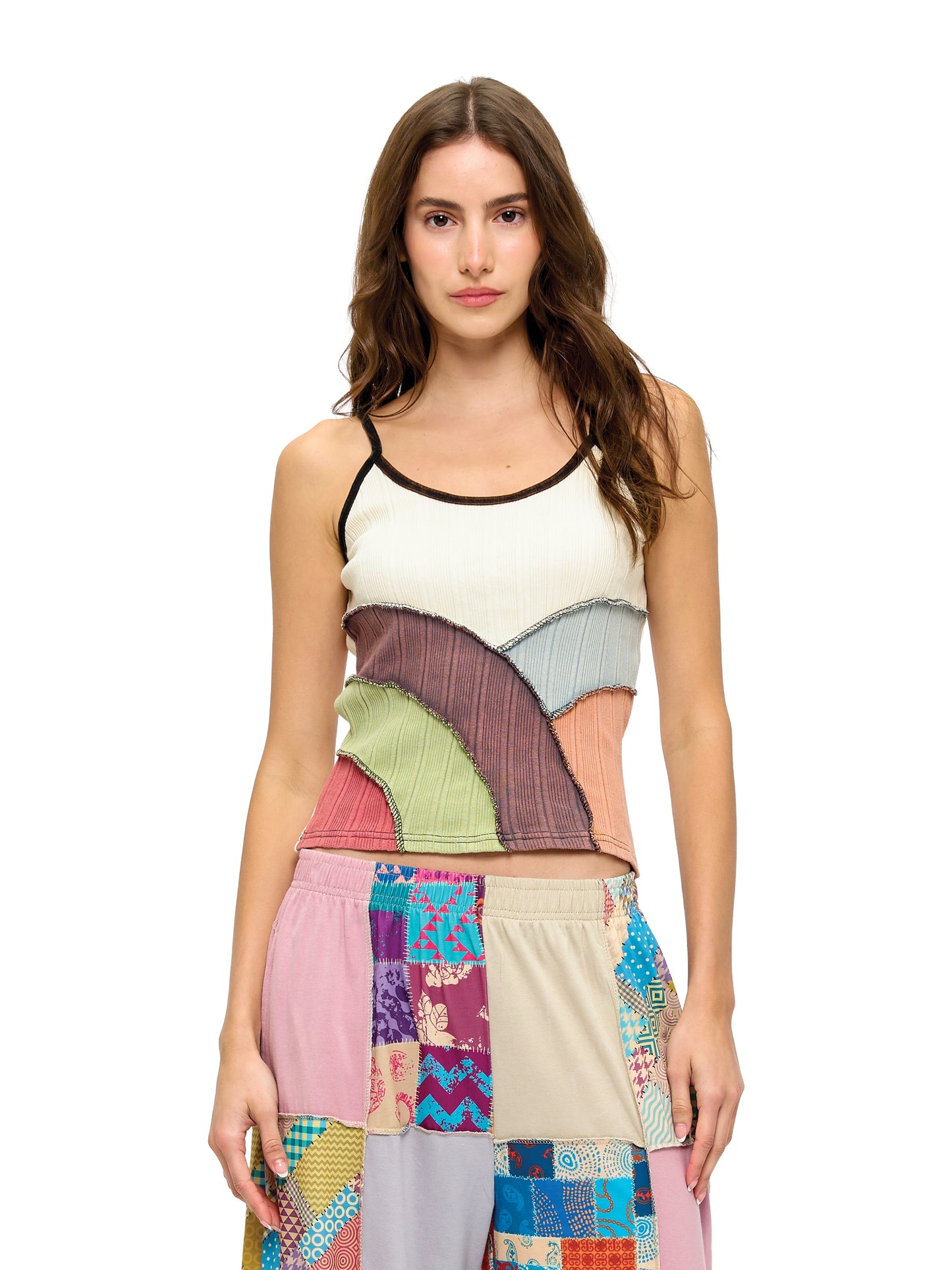 Boho Hippy Patchwork Ribbed Tank Top