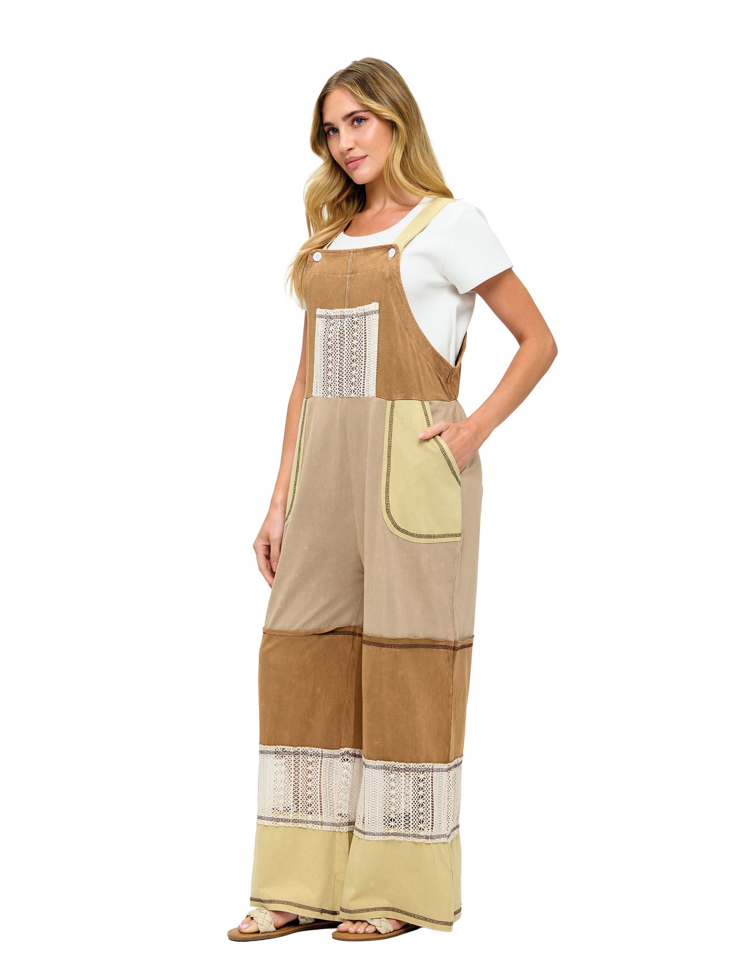 Earthy Color Patchwork Overall Lace Crochet Details
