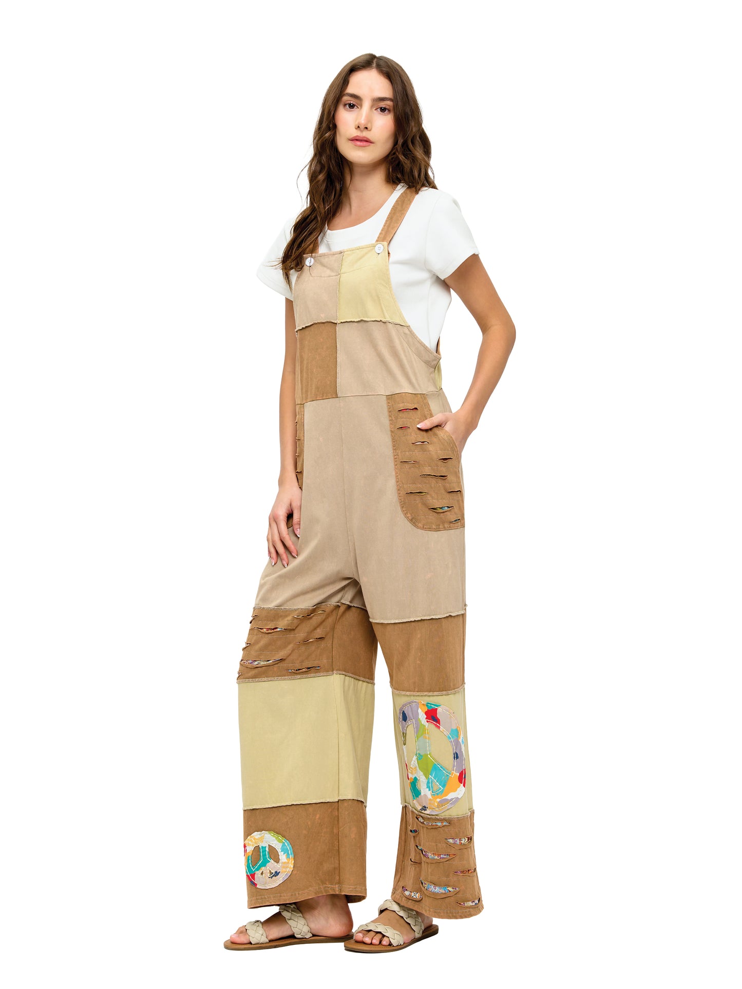 Peace Sign Patchwork Overall Razor Cut
