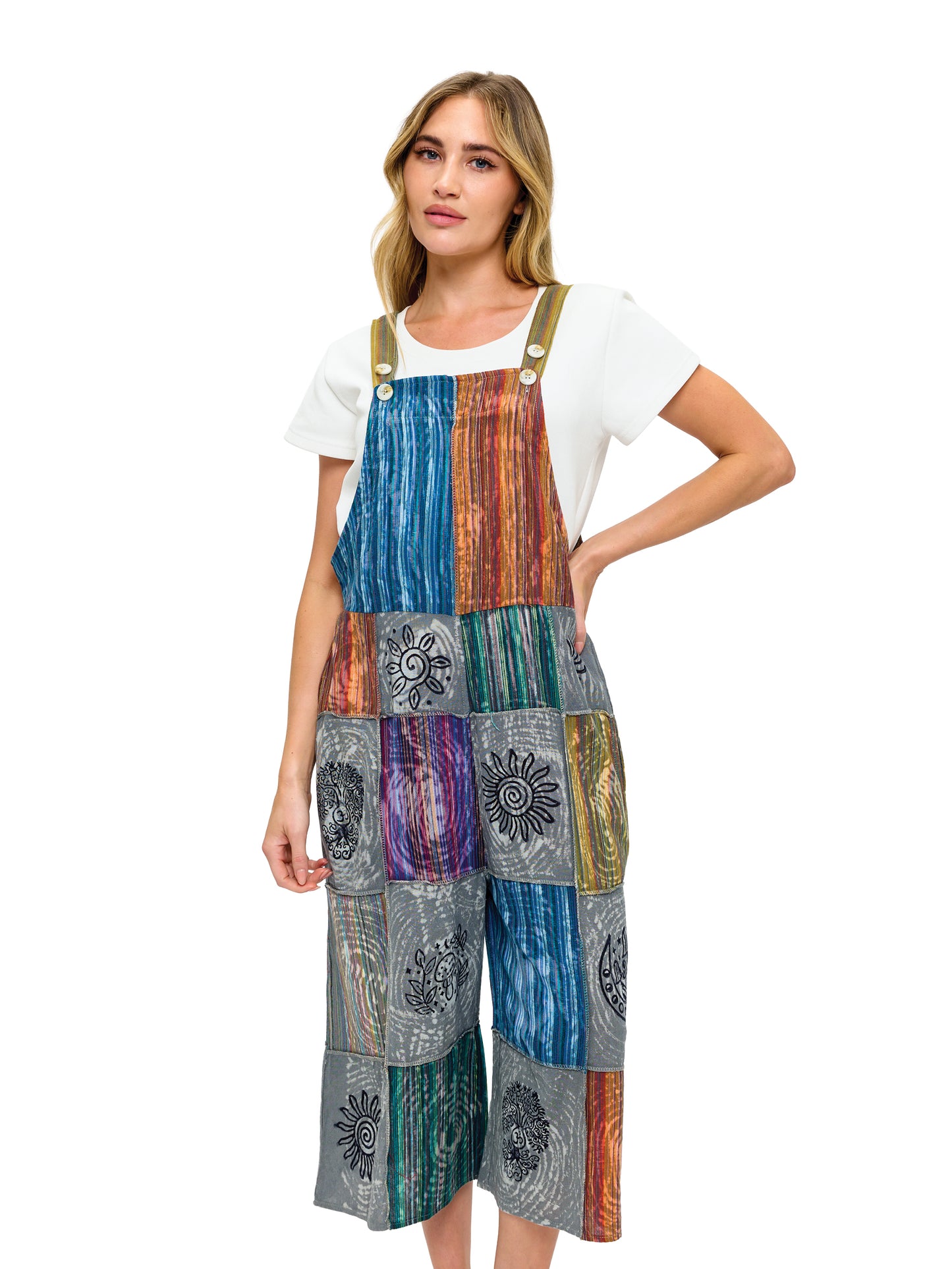 Boho Patchwork Hand Painted Striped Midi Overall