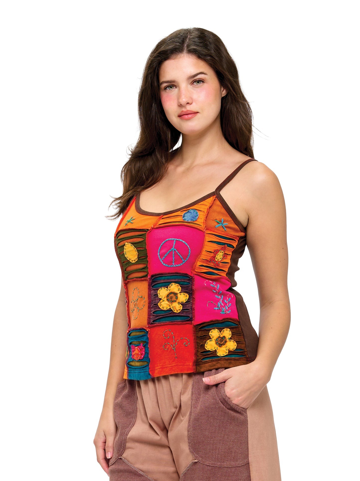 Tank Top Floral Patchwork Razor-Cut Embroidered