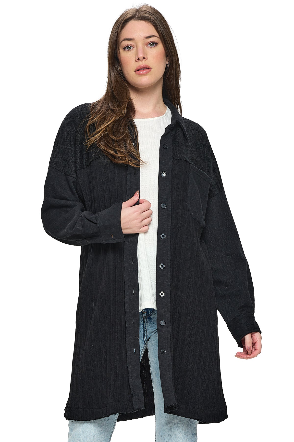 Long Shacket Button Up Casual Ribbed
