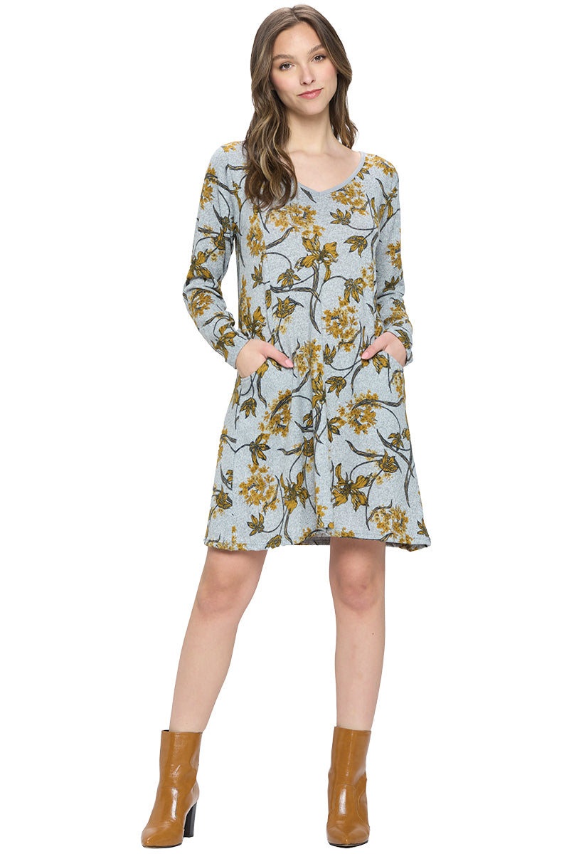 Blue Dress Floral A Line Pockets