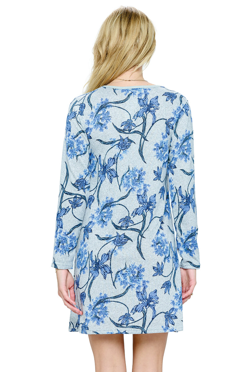 Blue Dress Floral A Line Pockets
