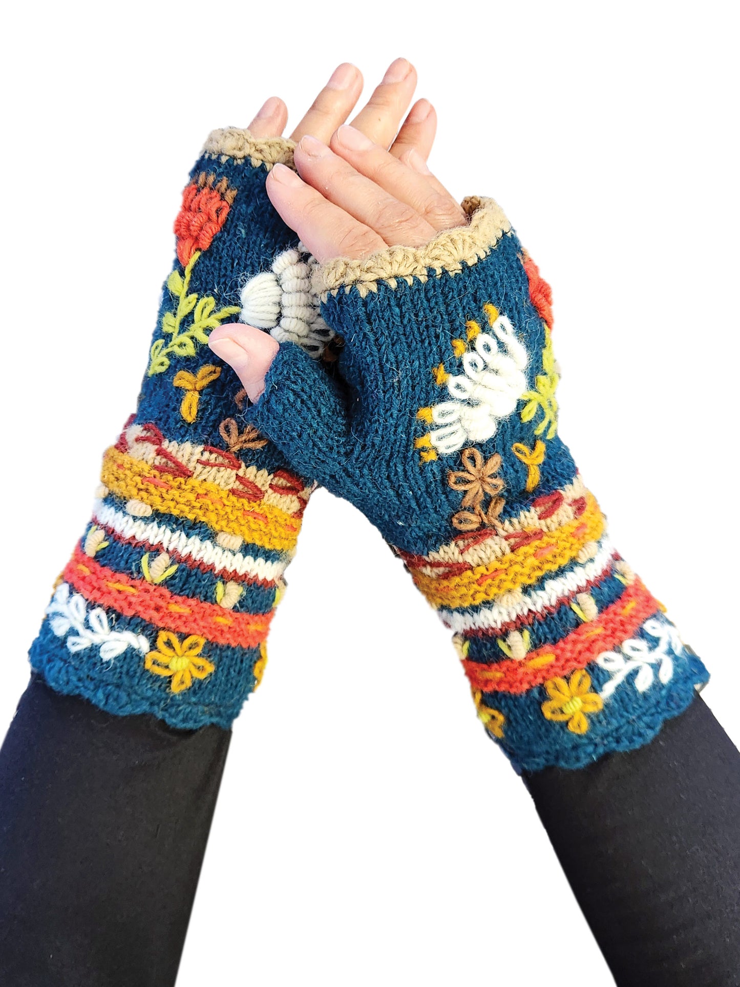 Handmade Knit Fingerless Floral Gloves