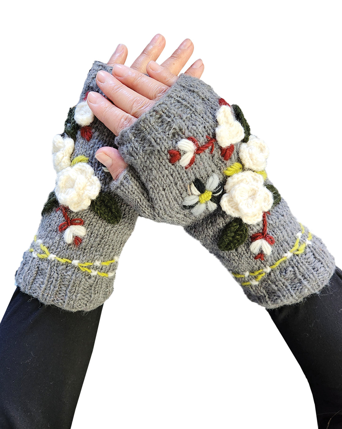 Handmade Knit Fingerless Floral Gloves