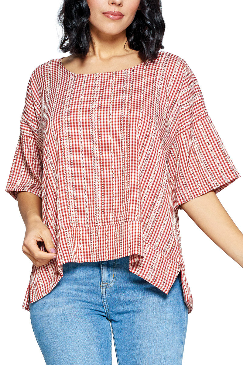 Top Loose Fit Chekered Side Slits Tiny Flowers