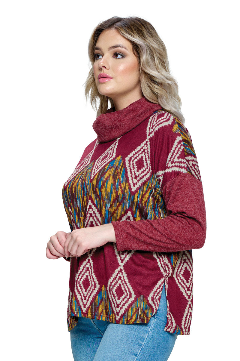 Sweater Tribal Print Cowl Neck