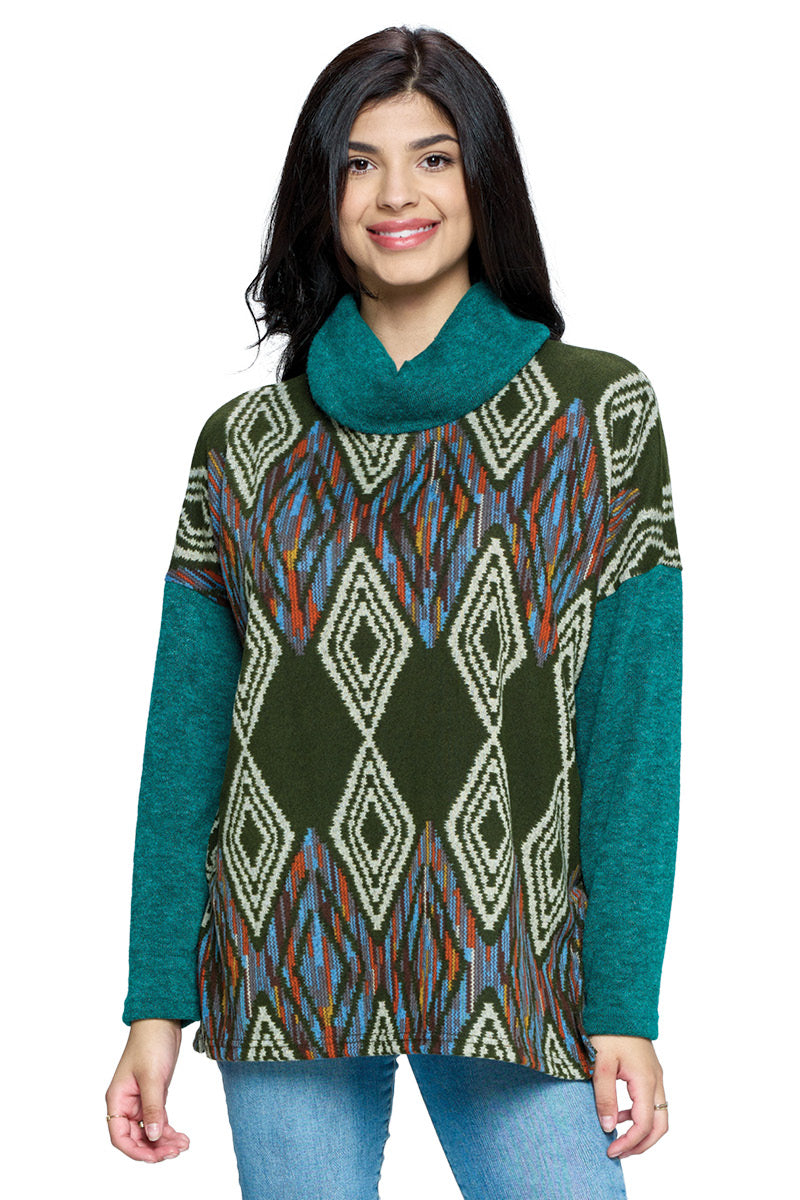 Sweater Tribal Print Cowl Neck