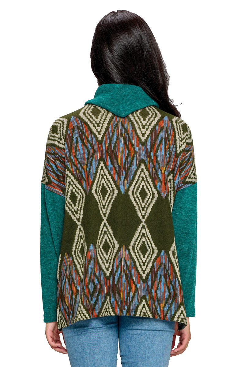 Sweater Tribal Print Cowl Neck