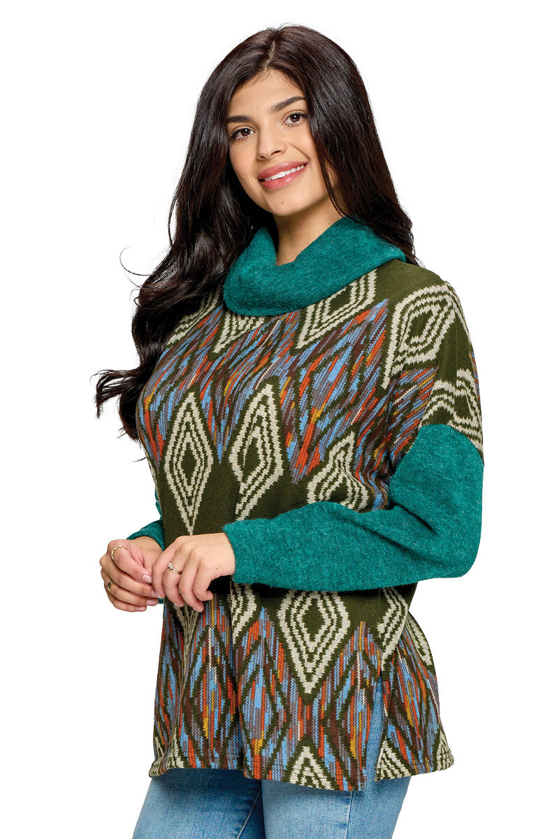 Sweater Tribal Print Cowl Neck