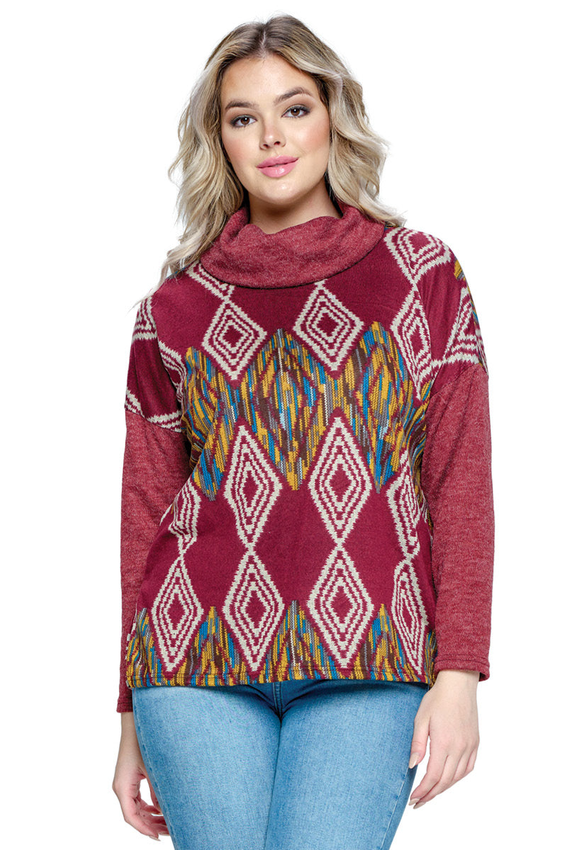 Sweater Tribal Print Cowl Neck